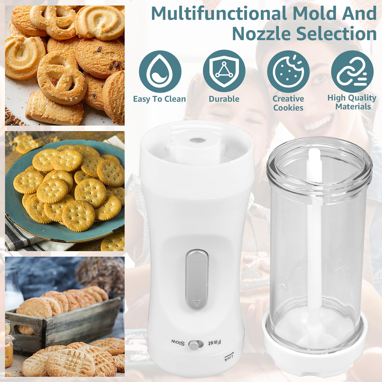Electric Cookie Press Kit - 12 Cookie Discs & 4 Icing Nozzles for Baking, Decorating Homemade Cookies | Detachable White Transparent Design | Perfect for Holiday Baking, Birthday Parties & DIY Cookie Decorating