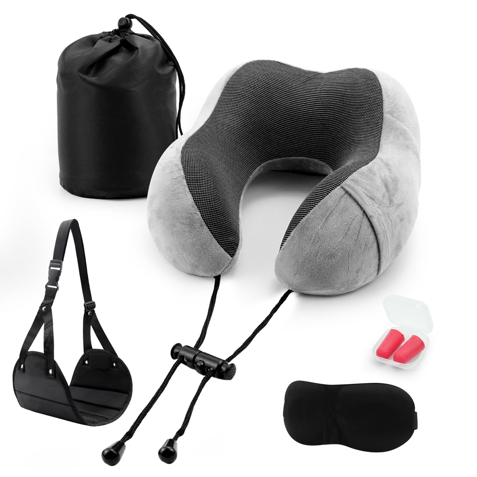 Memory Foam Travel Pillow Set - Neck Pillow, Eye Mask, Foot Hammock, Earplugs & Foldable Duffel Bag | Portable Flight Accessories for Airplane, Car, Office & Home | Perfect for Long Flights, Road Trips & Power Naps
