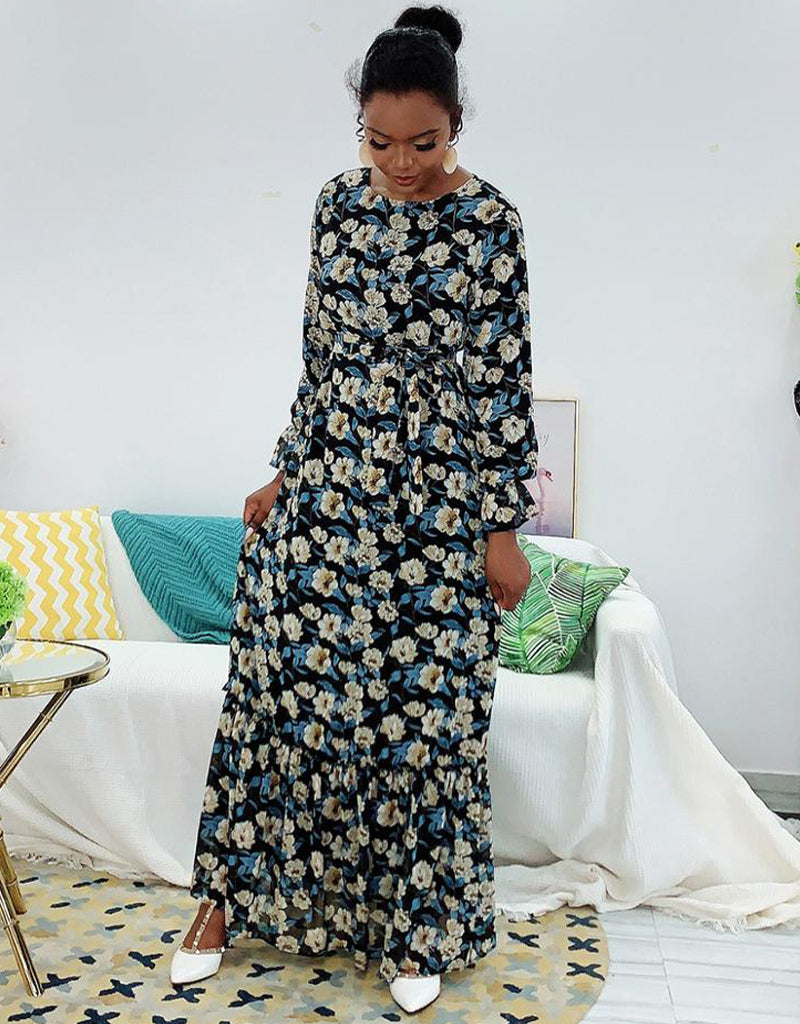 Elegant Muslim Abaya Dress for Women with Flouncy Waist Ties & Flared Sleeves - Modest Islamic Prayer Dress for Mosque & Special Occasions