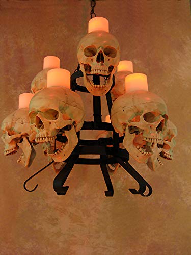 Two-Tiered Skull Metal Chandelier with 9 Skulls & Wax Candles - Gothic Home Decor for Dining Room, Living Room, or Halloween Party Lighting