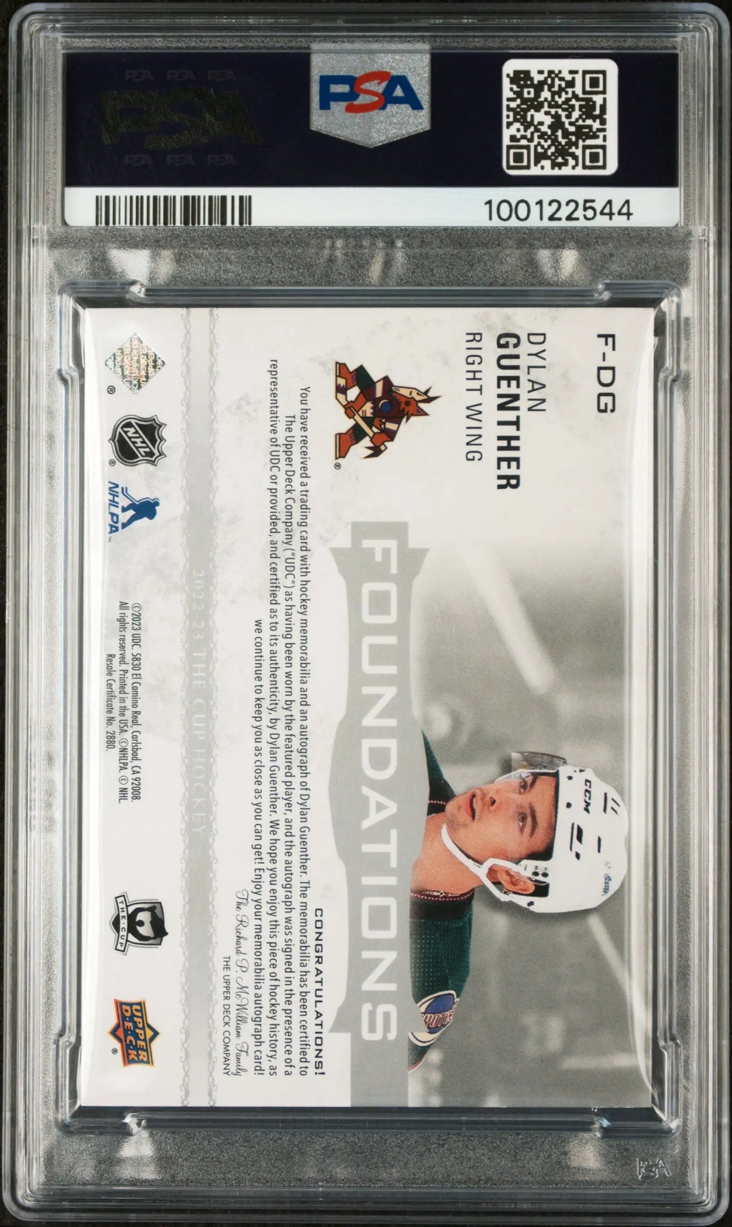 2022 Upper Deck The Cup Foundations Quad Dylan Guenther Autograph PSA 9/15 Hockey Trading Card - Rare Collectible for NHL Fans & Sports Memorabilia Enthusiasts