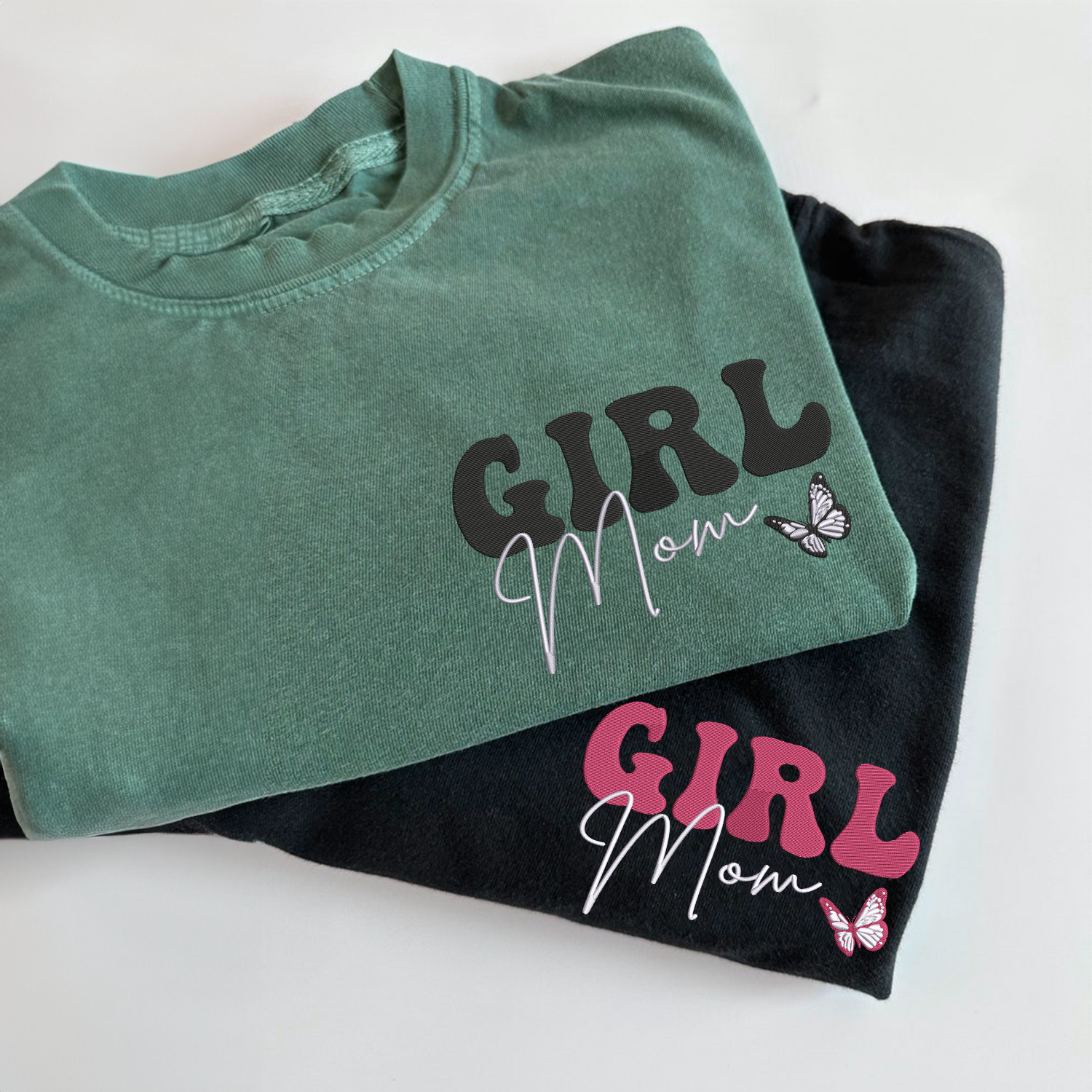 Custom Embroidered Girl Mom T-Shirt with Kids Name - Comfort Colors® Soft Cotton Tee for Mother's Day, Family Photos & Matching Outfits