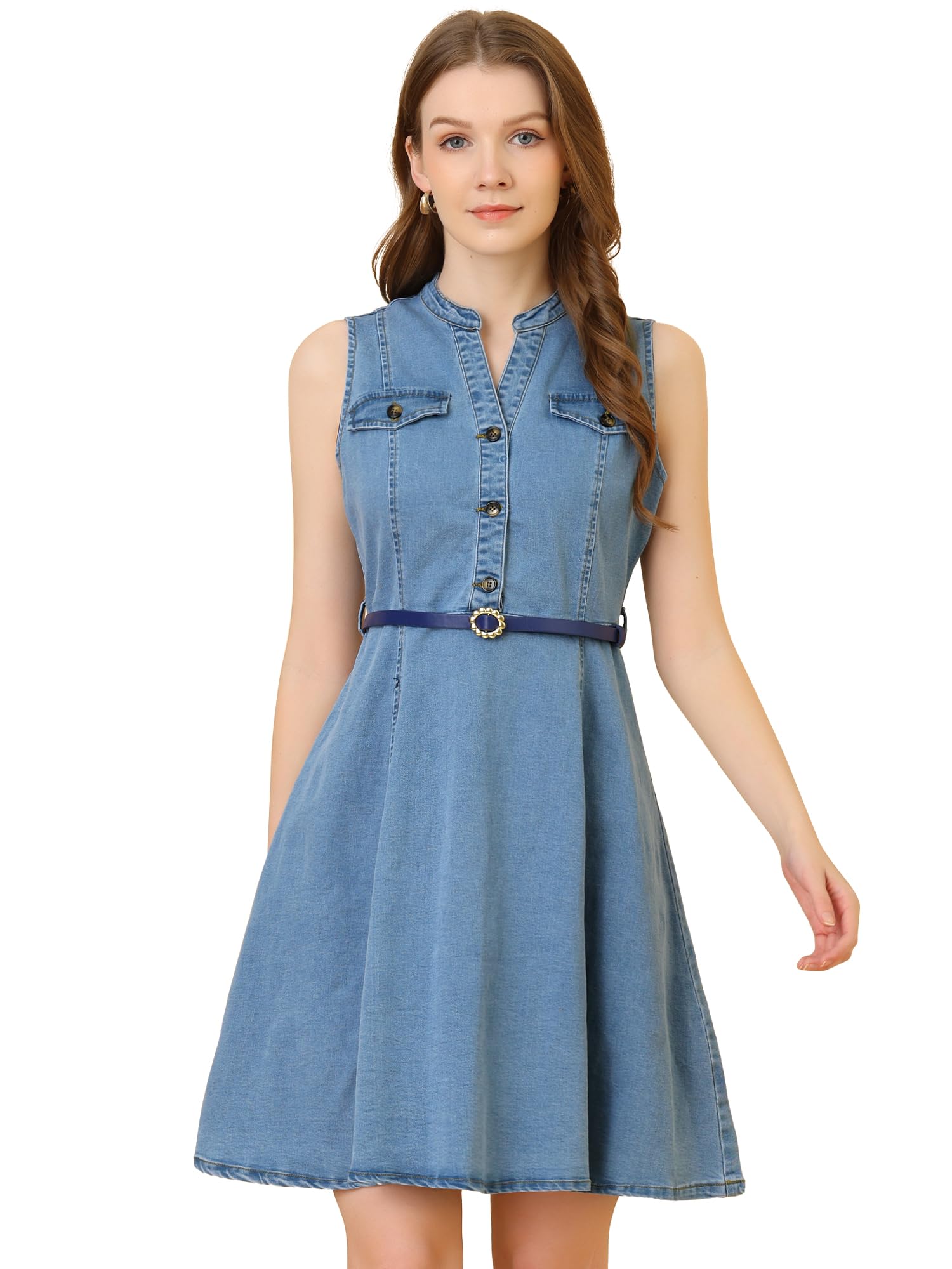 Allegra K Women's Casual Denim Dress - Belted Sleeveless Jean Shirt Dress for Summer Outings & Beach Vacations