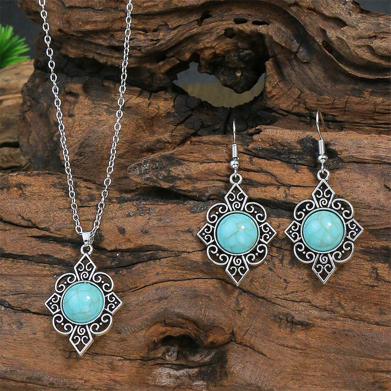 Vintage Bohemian Ethnic Geometric Carved Turquoise Diamond Jewelry Set - Earrings & Necklace for Women, Handmade Tribal Statement Piece for Weddings, Parties & Special Occasions