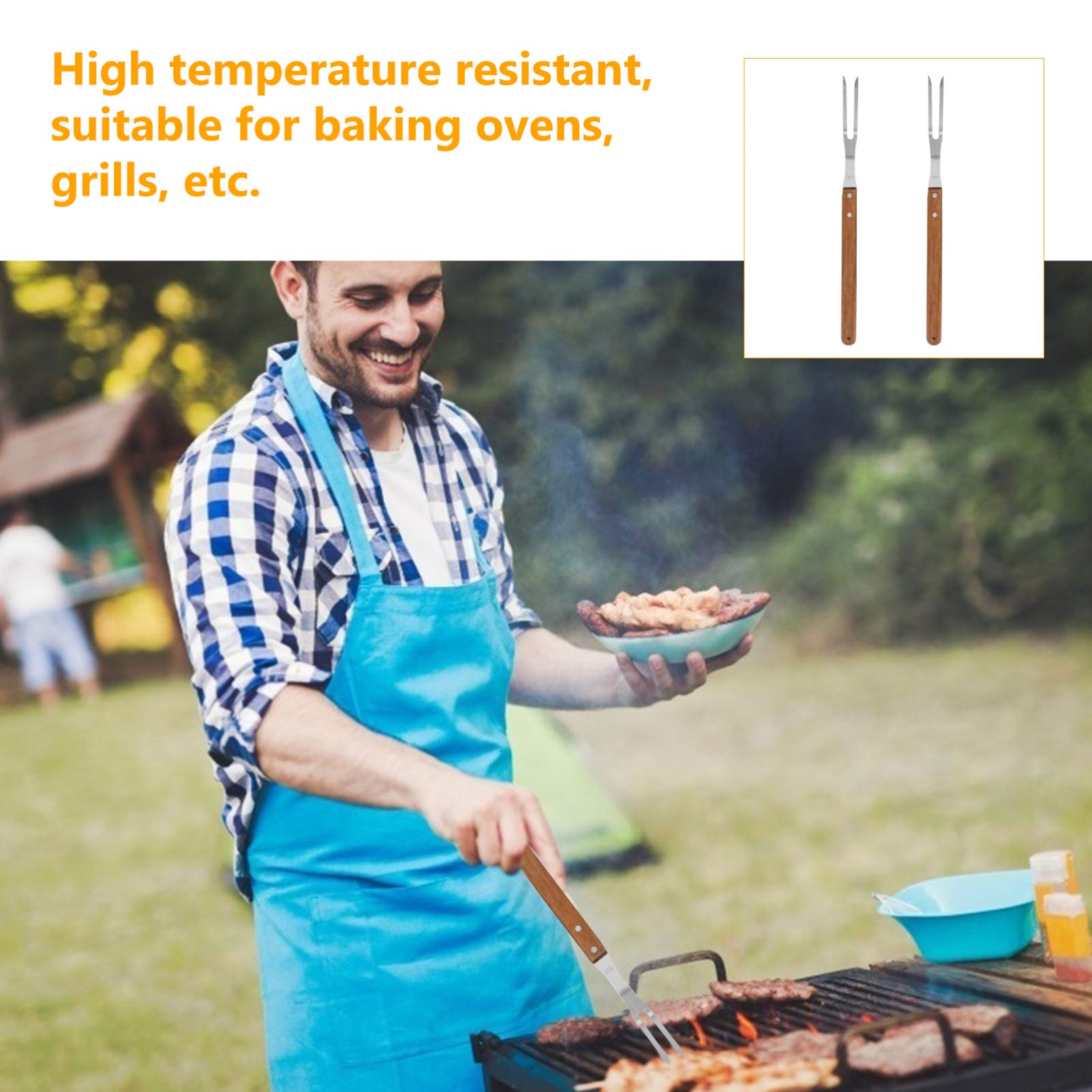 Premium Stainless Steel BBQ Forks & Skewers Set - 2-Piece Grilling Tools with Wooden Handle for Outdoor Cooking, Camping, and Backyard Barbecues | Durable Metal Skewers for Meat, Vegetables, and Kebabs