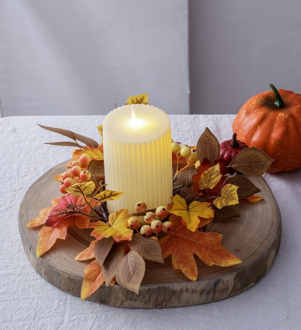 2 Pcs Artificial Maple Leaves Candle Rings with Orange Pip Berries - 3 Inch Center Wreath for Thanksgiving & Fall Decor - Perfect for Pillar Candles, Table Centerpieces, and Harvest Home Decor