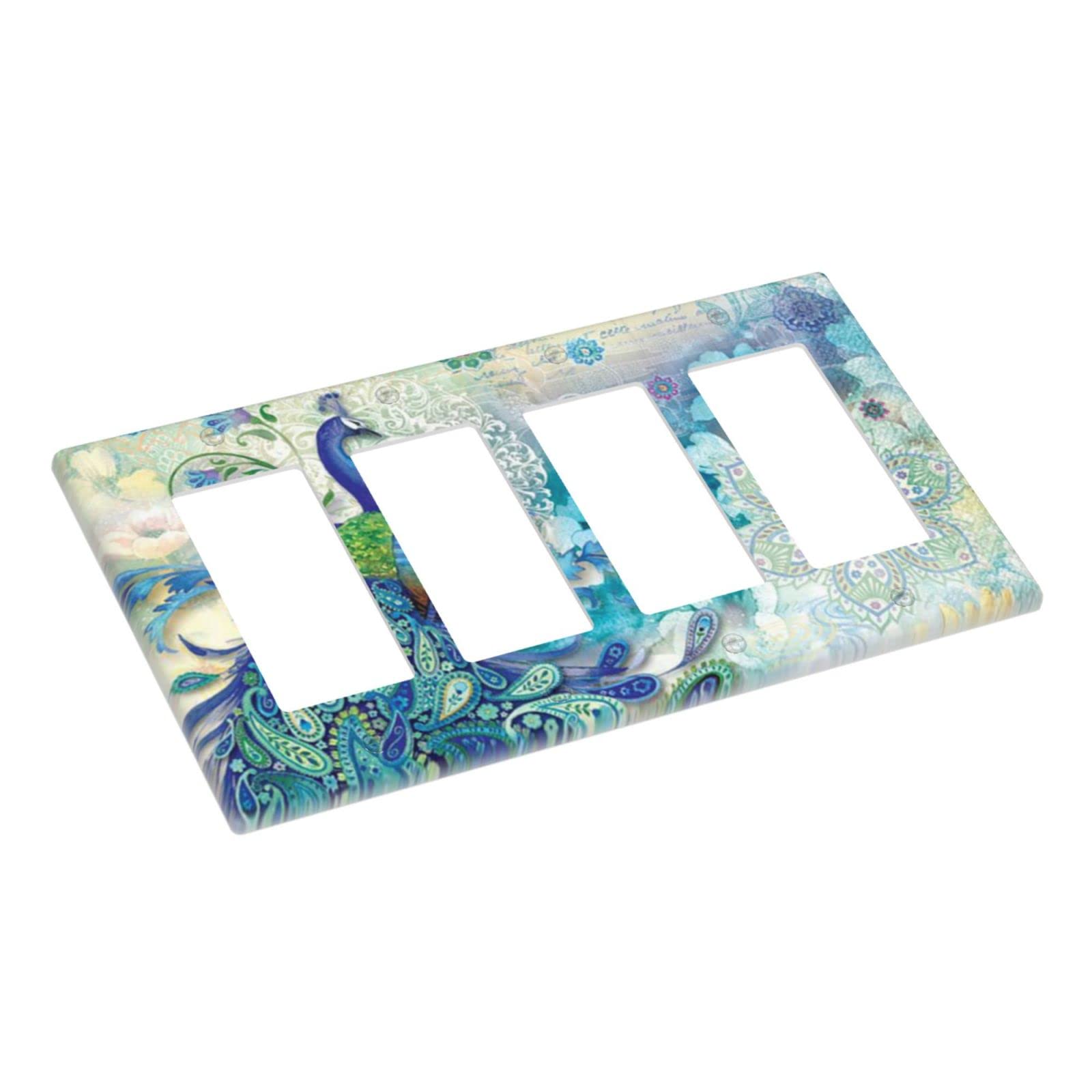 Peacocks and Flowers 4-Gang Rocker Light Switch Cover Plate - Decorative Plastic Wall Plate for Electrical Outlets - Perfect for Bedroom, Bathroom & Kitchen Decor | Home Improvement & Interior Design