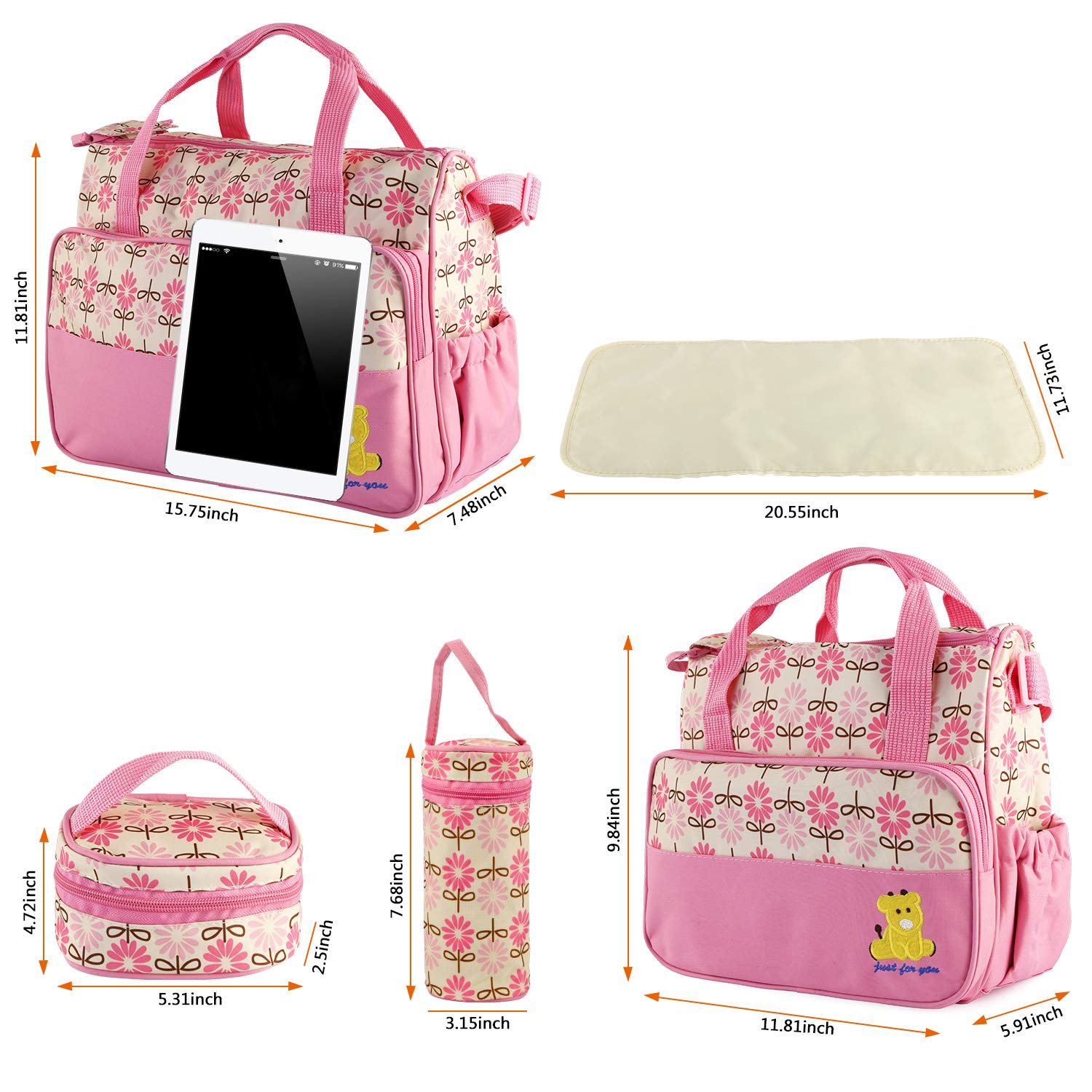 5PCS Waterproof Diaper Bag Set for Baby Essentials – Large Maternity Tote with Bottle Holder, Food Pouch & Changing Pad for Moms (Pink) | Perfect for Travel, Daycare & On-the-Go Parenting