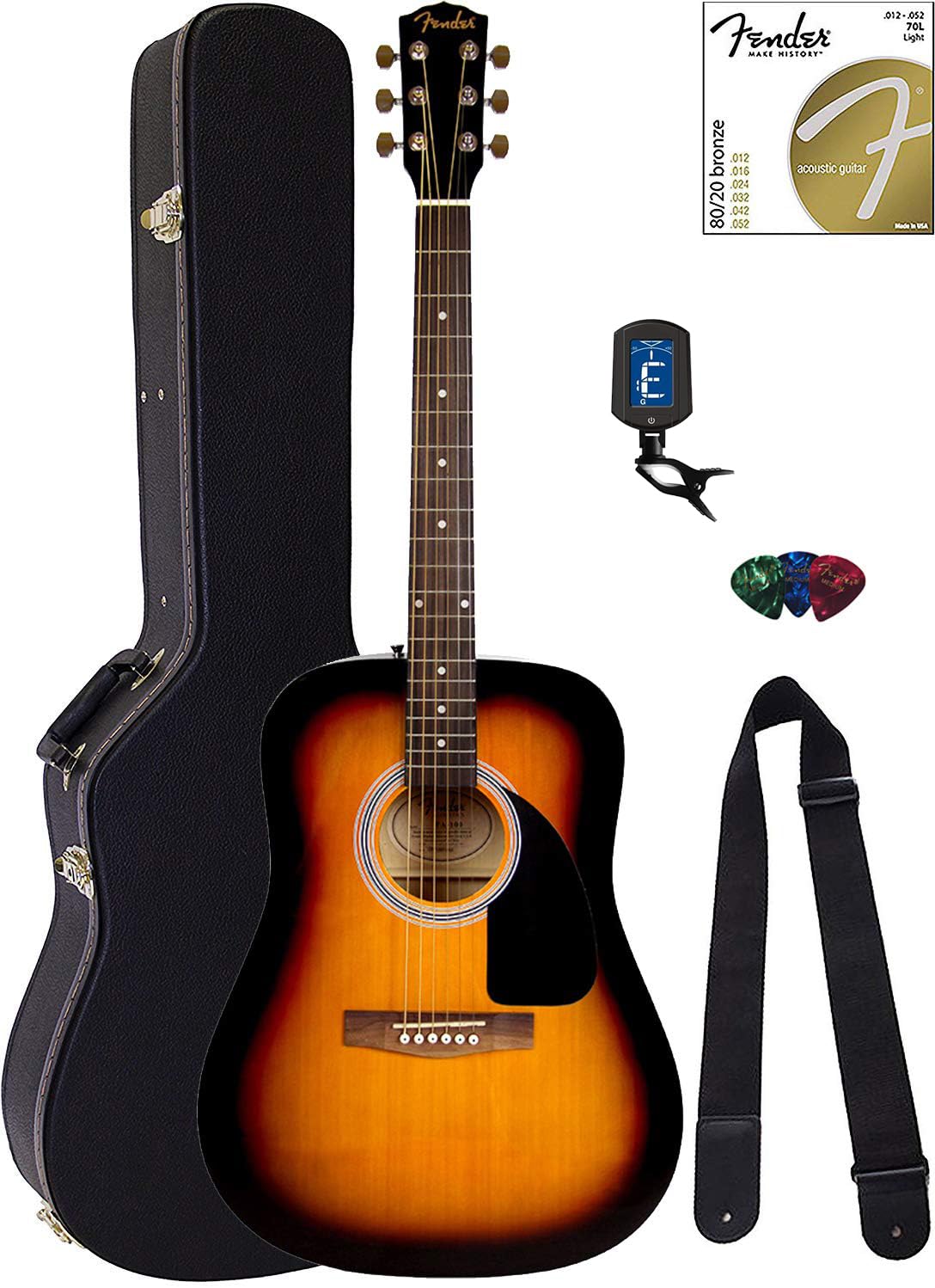 Fender FA-115 Dreadnought Acoustic Guitar Sunburst Bundle with Hard Case, Tuner, Strings, Strap & Picks - Perfect for Beginners, Campfires, Live Performances & Home Practice