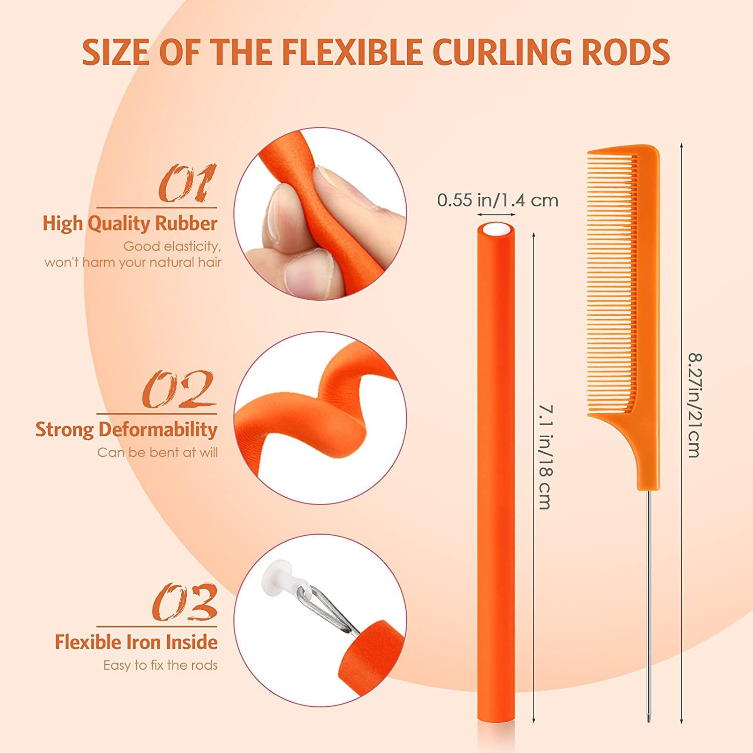 SIYAA 20-Pack Soft Foam Hair Rollers - No Heat Flexible Curling Rods with Twist Foam & Steel Pintail Comb for Women & Girls (Orange) - Perfect for Overnight Curls, Salon-Style at Home, and Heat-Free Styling