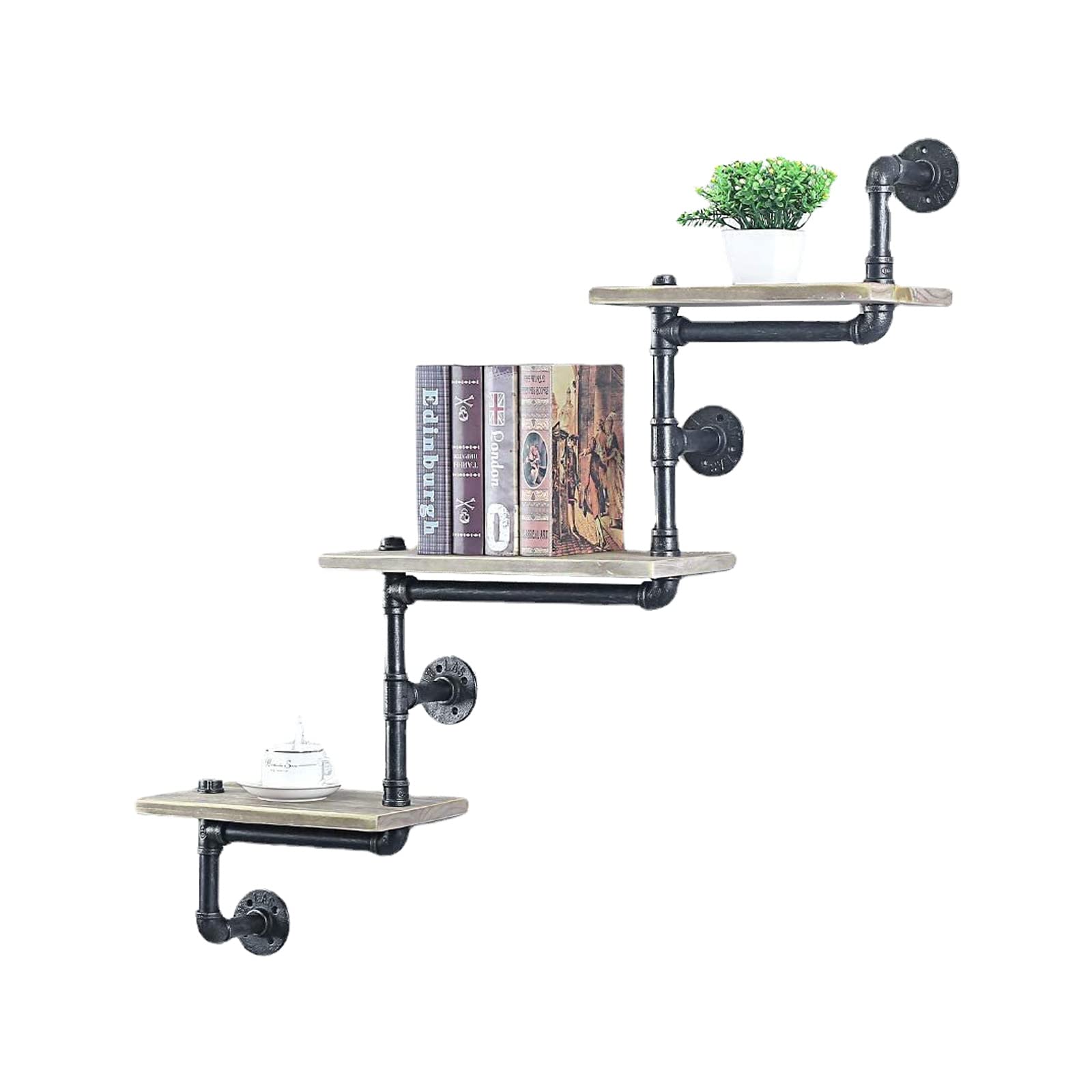 Industrial Pipe Shelf - Wood & Metal Floating Wall Shelves for Bedroom, Office - Rustic 3-Tier Bookshelf | Perfect for Steampunk Decor, Book Storage & Small Space Organization