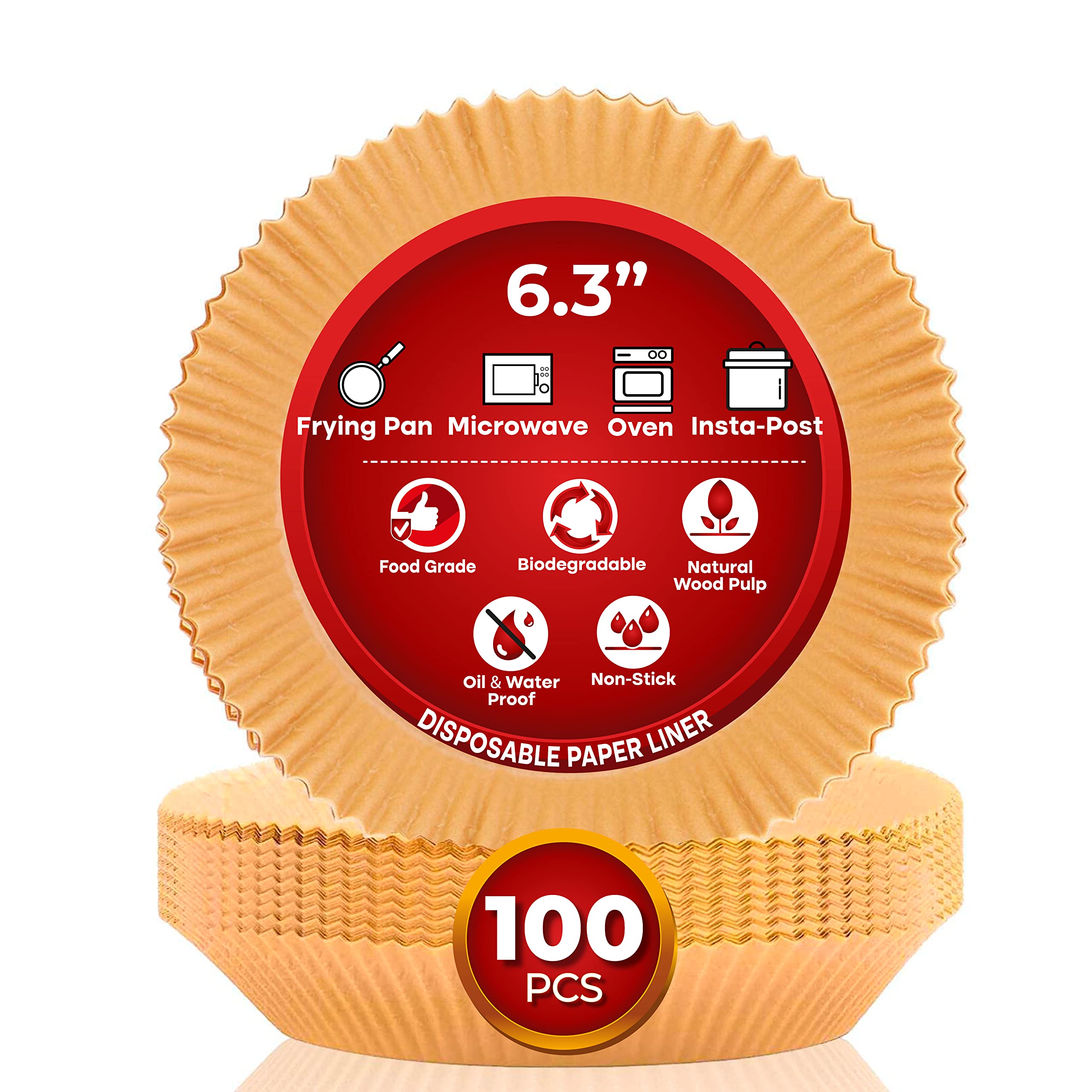 Xabono 100-Pack Disposable Non-Stick Parchment Paper Liners - 6.3 Inch Round Baking Sheets for Oven & Air Fryer | Oil-Resistant, Waterproof, Brown | Perfect for Baking Cookies, Roasting Veggies & Air Frying Foods