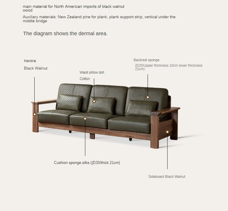 Black Walnut Solid Wood Modern Straight Sofa - Contemporary Minimalist Living Room Furniture for Small Spaces & Apartments