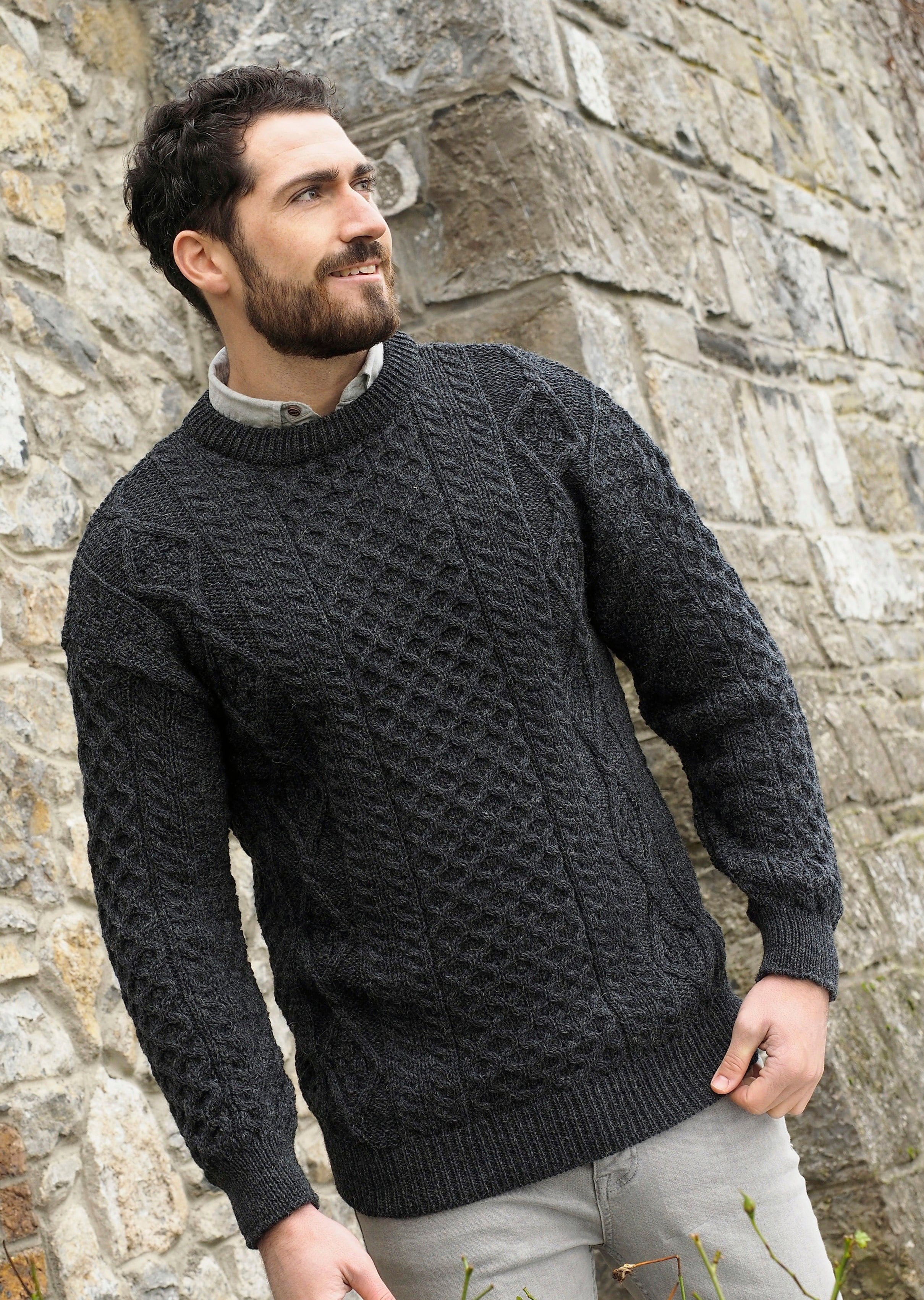 Authentic Inis Mor Aran Sweater for Women & Men | 100% Wool Irish Knit Pullover | Charcoal Gray | Warm Winter & Fall Fashion | Perfect for Outdoor Activities & Casual Wear