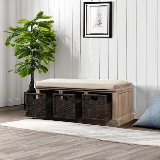 Wicker Storage Bench with 3 Woven Baskets & Removable Cushion - White Washed Wood Entryway Shoe Bench for Hallway, Bedroom & Living Room - Perfect for Organizing Shoes, Blankets & Home Decor