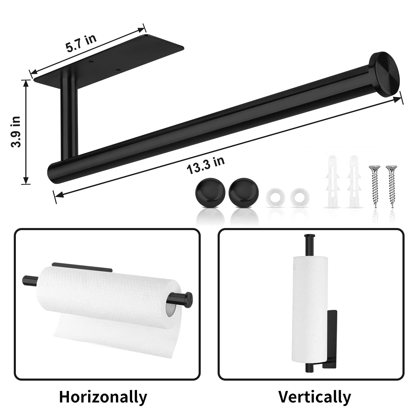 Stainless Steel Wall Mounted Tissue Holder - 13 Inch Self-Adhesive Toilet Paper Dispenser with Screws for Vertical or Horizontal Installation (Black) | Perfect for Bathroom, Kitchen, Office & RV Organization