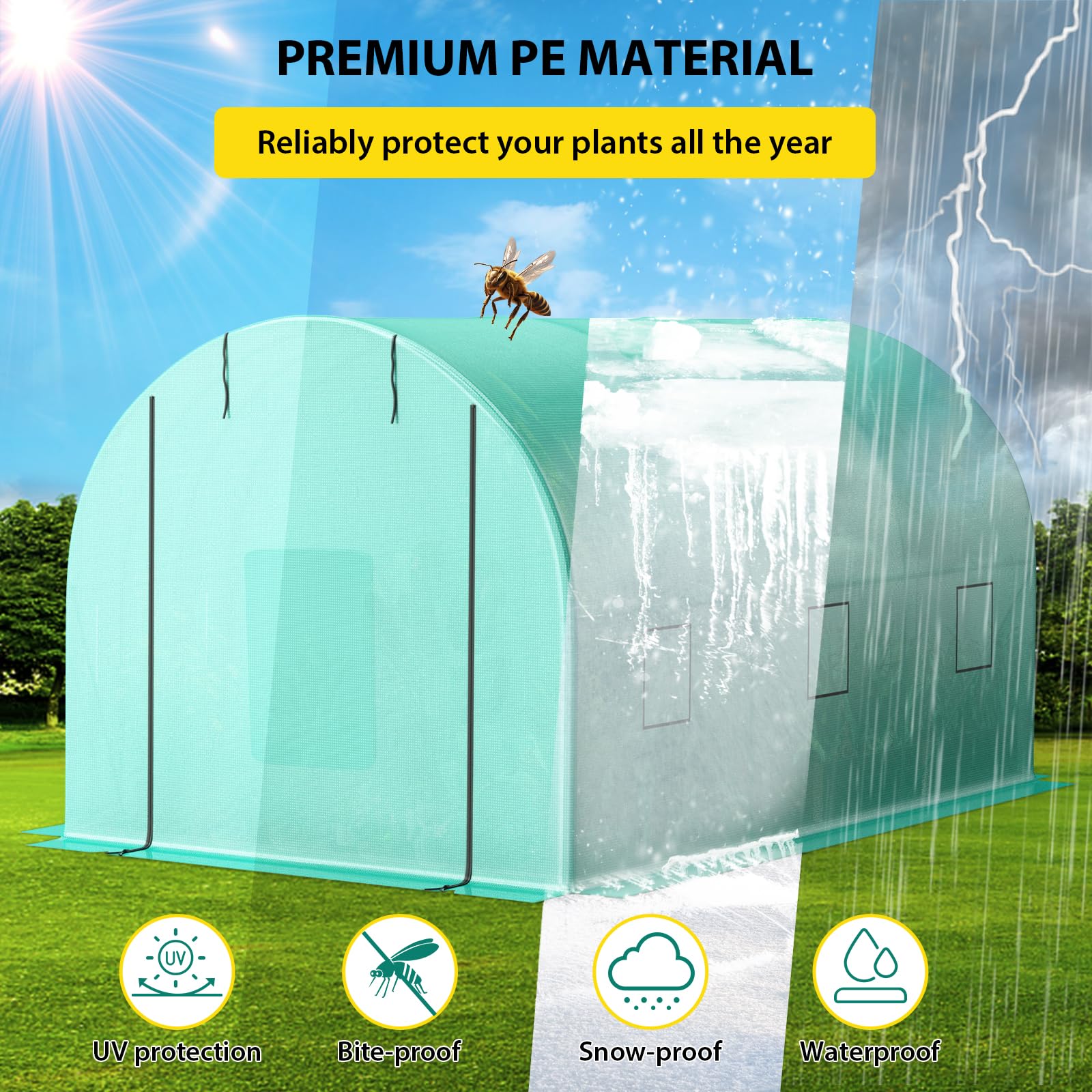 GARVEE 13'x8'x7' Walk In Greenhouse Tunnel with Galvanized Steel Frame - 140g/m² PE Cover, Roll-Up Zipper Door & 6 Vent Windows | Durable Hoop House for Gardening, Plant Protection & Year-Round Growing | Perfect for Backyards, Urban Farming & Hobby Gardeners