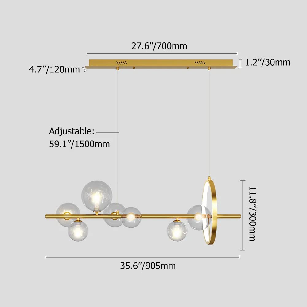 LOVEDIMA Gold Linear Lantern Pendant Lighting - Modern 7-Light Metal Kitchen Island Chandelier with Glass Globe Shade | Hanging Ceiling Light Fixture for Dining Room, Foyer & Farmhouse Decor