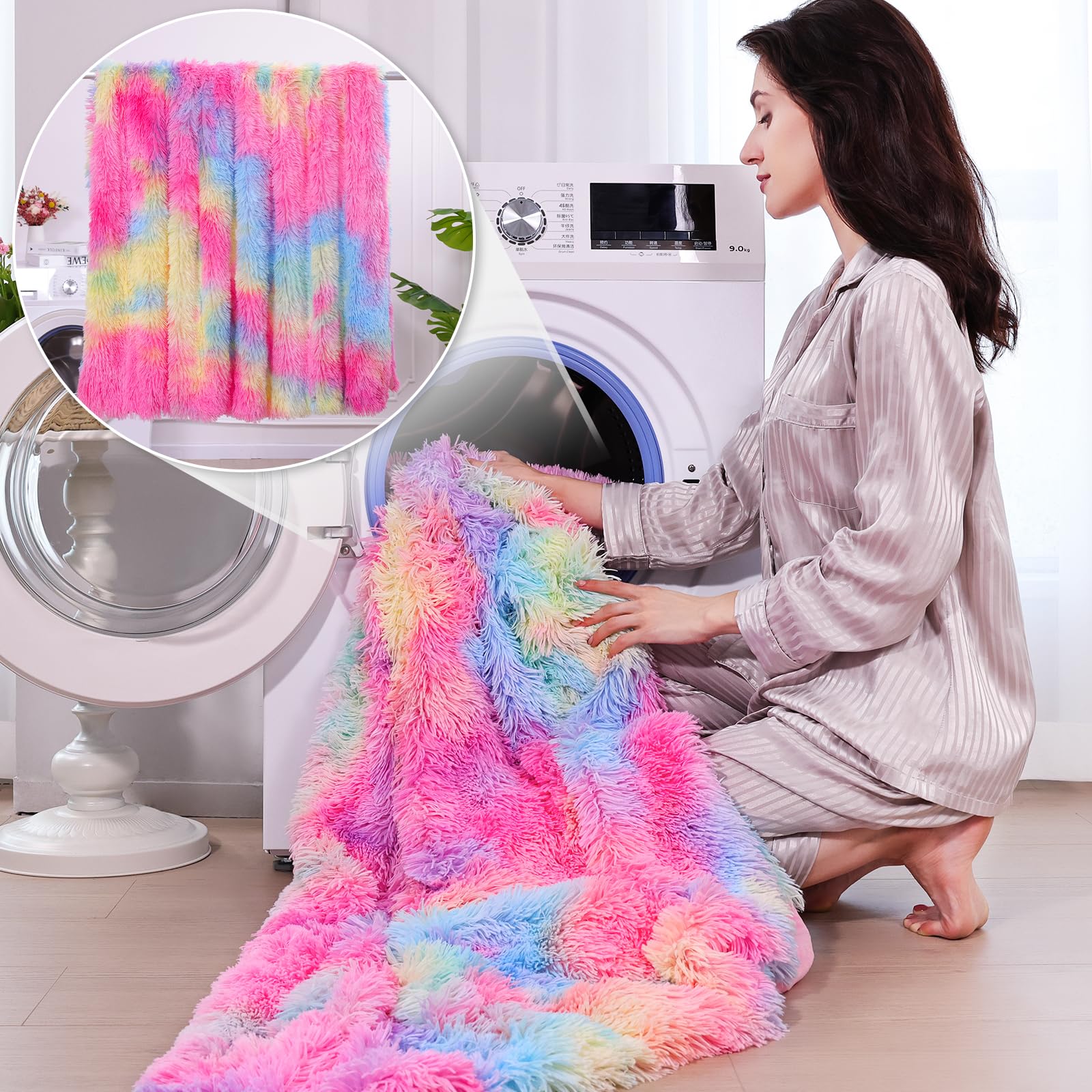 Rainbow Faux Fur Blanket Queen Size - Reversible Fluffy Plush Throw for Bed, Couch & Sofa - Soft Cozy Shaggy Tie Dye Decorative Blanket for Winter Nights, Movie Time & Home Decor