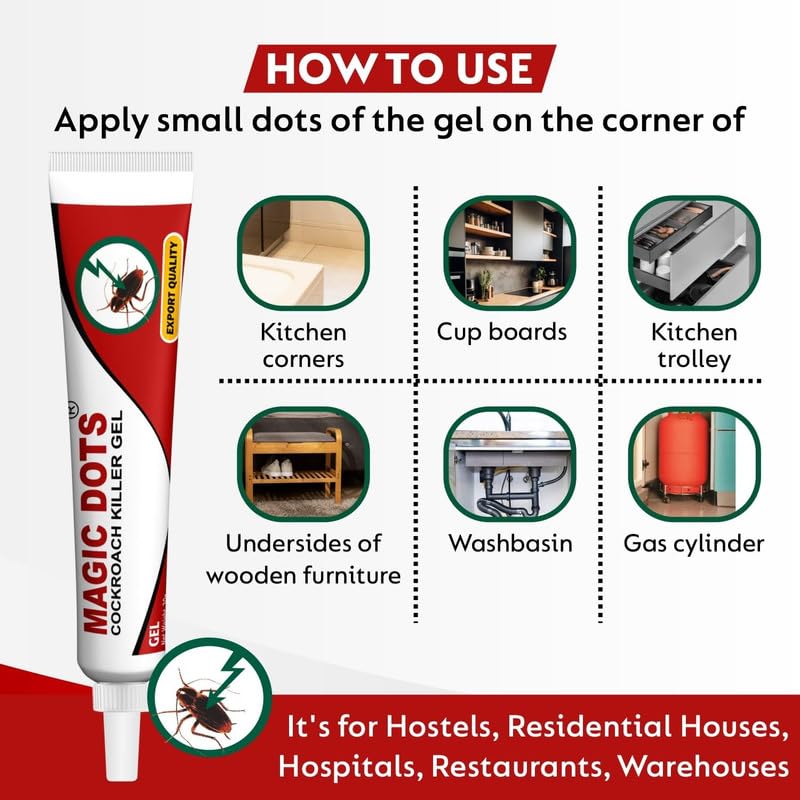 Magic Dots Cockroach Killer Gel - 4 Pack x 20g | Natural Herbal Pest Control for Home & Kitchen | Effective Roach Bait Gel with Easy Application | Eliminate Cockroaches in Cabinets, Appliances & Dark Corners