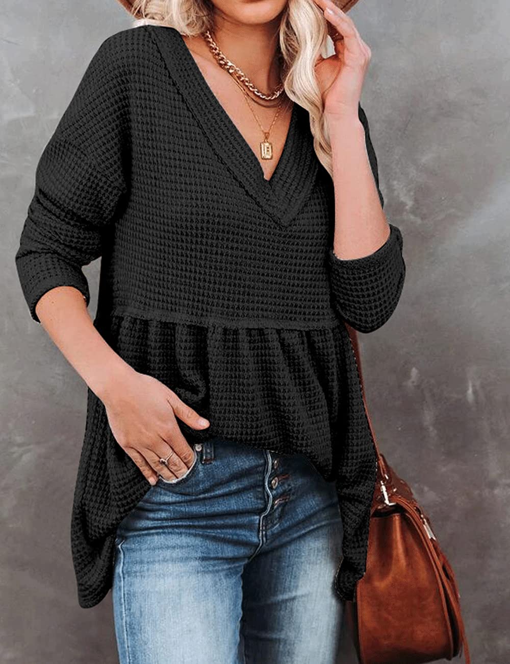 Women's V-Neck Waffle Knit Tunic Top - Long Sleeve Peplum Pullover Sweater - Casual Flowy Babydoll Swing Shirt for Work, Date Night & Everyday Wear