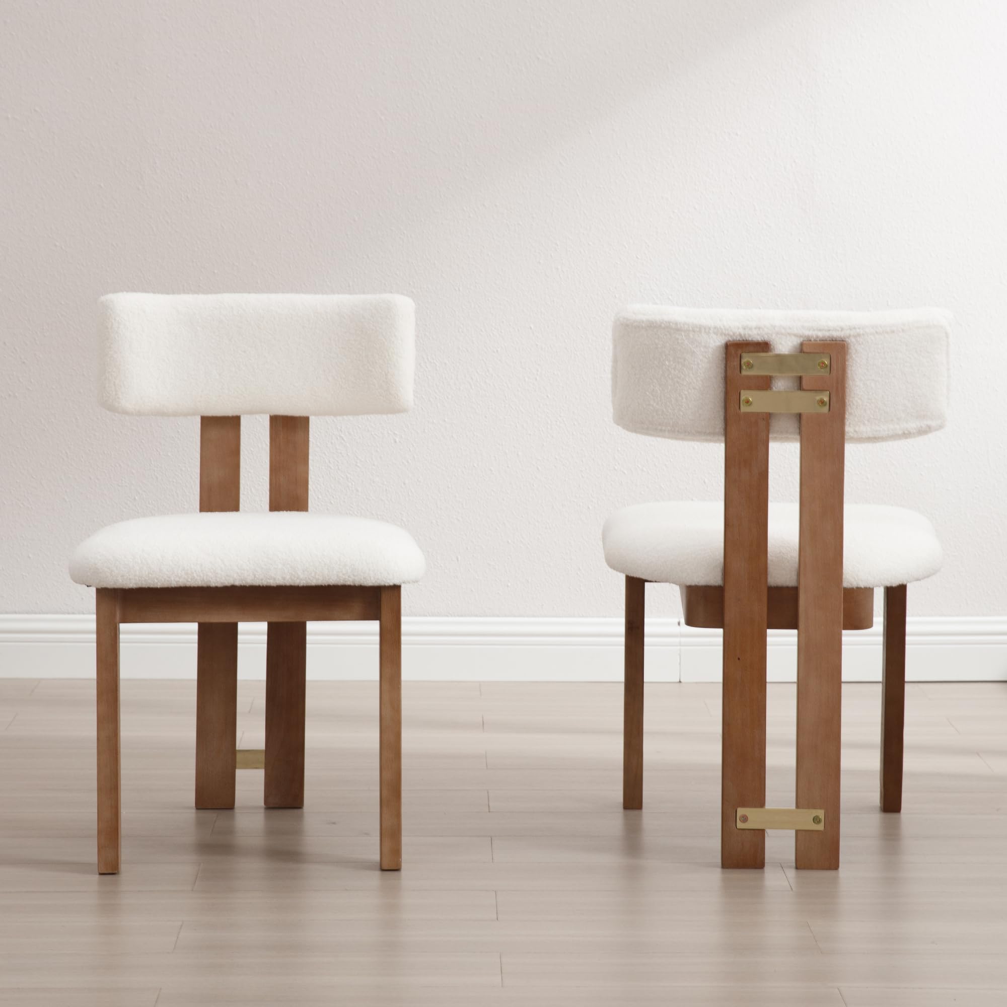 Boucle Dining Chairs Set of 2 - Farmhouse Fabric Kitchen Chairs with Natural Hardwood Legs, Armless Upholstered Accent Chairs for Dining Room, Living Room & Office - White Modern Home Decor