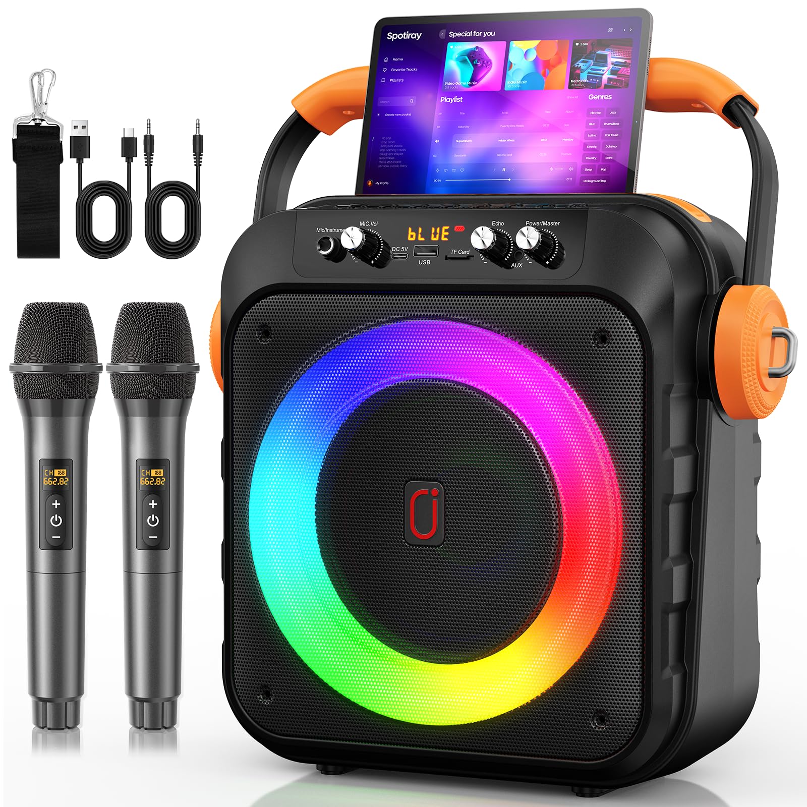 Portable Bluetooth Karaoke Machine with 2 Wireless Microphones, 6.8