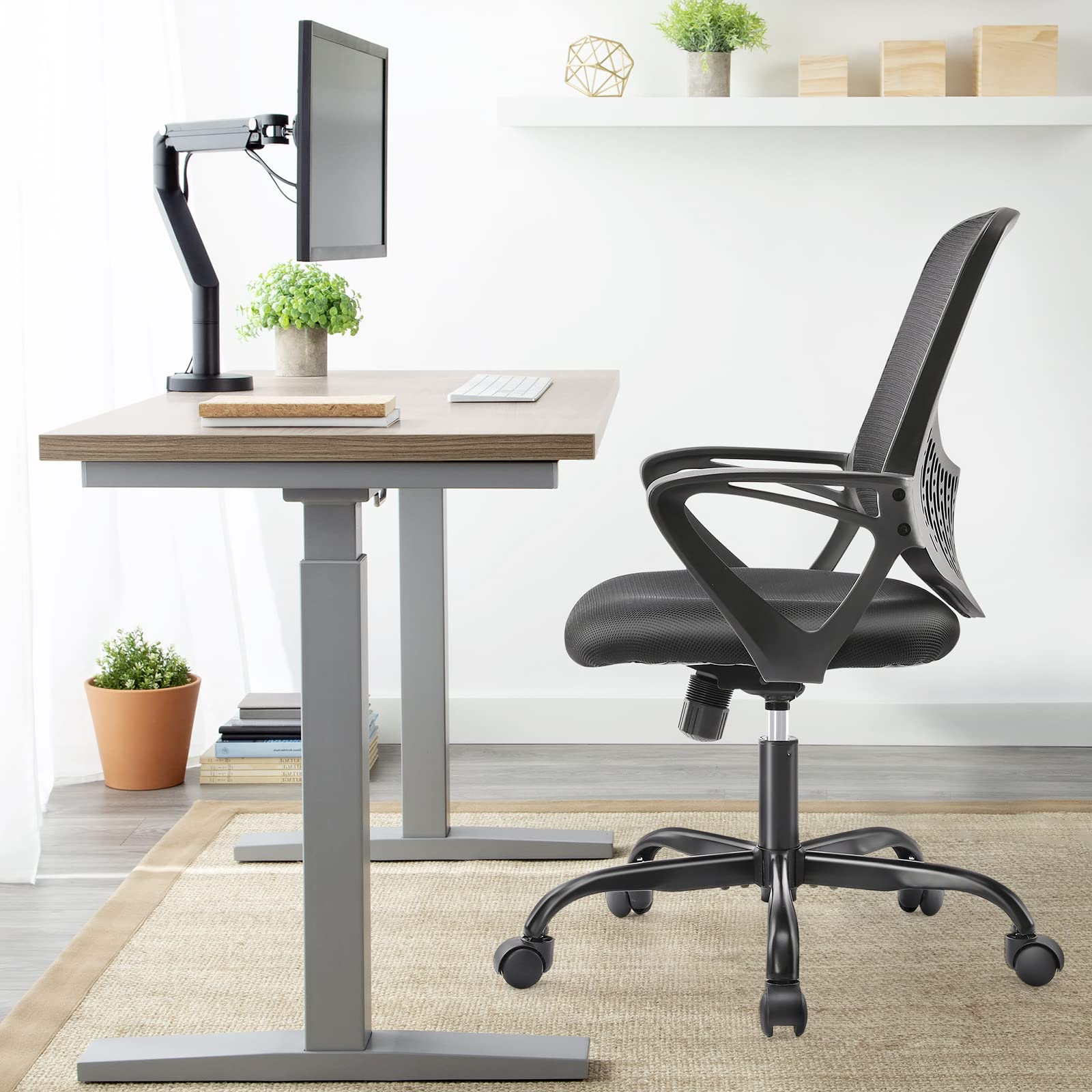 Ergonomic Office Chair with Wheels & Lumbar Support - Mid Back Mesh Computer Desk Chair with Fixed Armrests, Rolling Swivel Home Office Chair (Black) - Perfect for Long Work Hours, Gaming & Study Sessions