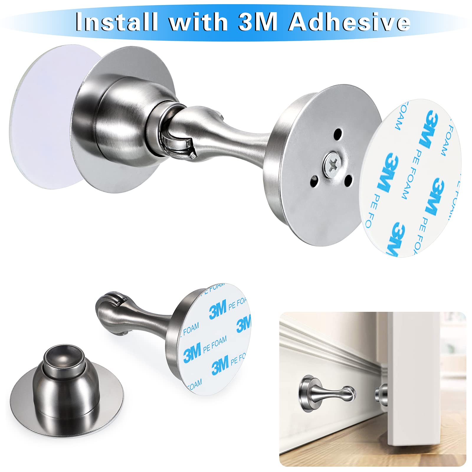 Premium Sumnacon Magnetic Door Stopper - Heavy Duty Stainless Steel Door Stop with 3M Adhesive & Screws for Wall/Floor Installation (Silver) - Perfect for Homes, Offices, and Commercial Spaces