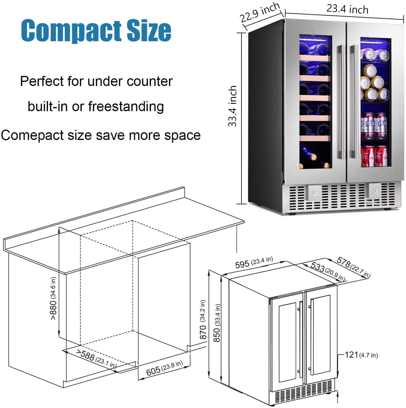 Antarctic Star W515 24 Inch 2 Door Dual Zone Beverage Refrigerator with Digital Temperature Control - Perfect for Wine, Beer, and Soda Storage in Home Bars, Offices, and Restaurants