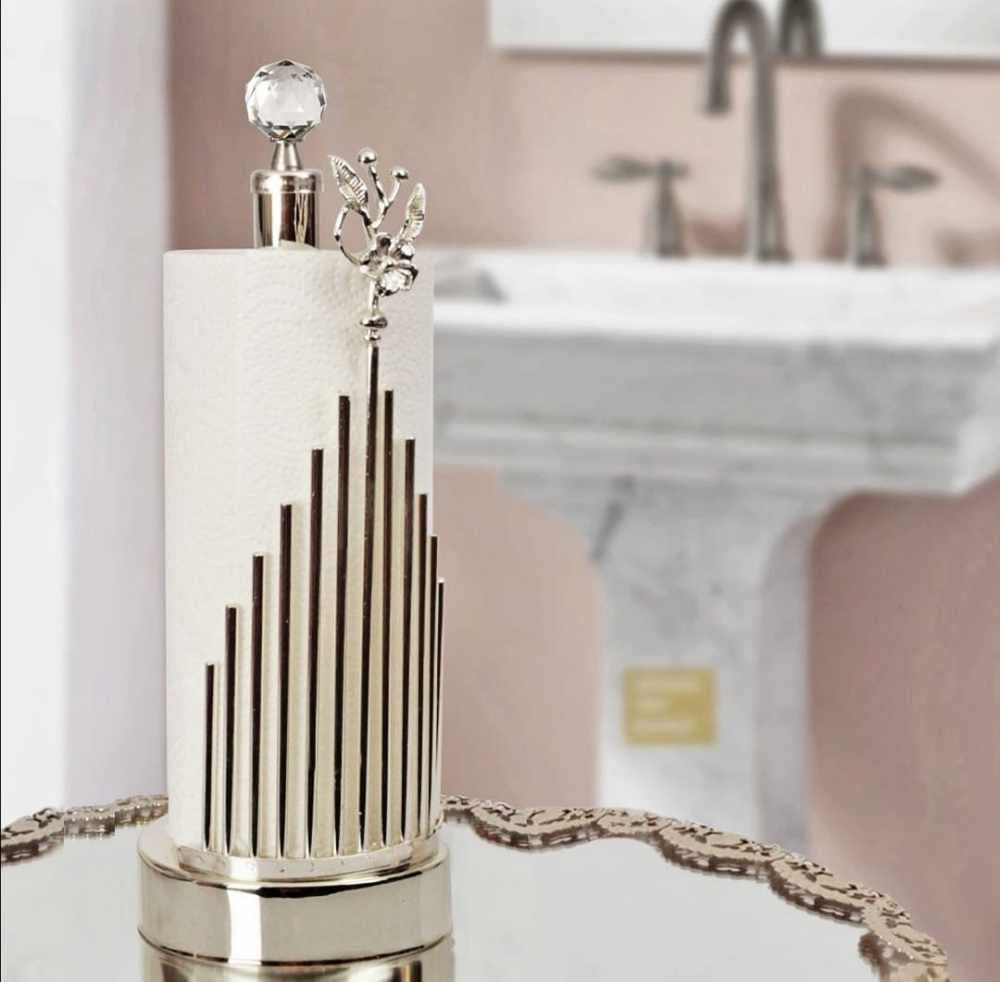 Elegant Rose Crystal Stone Paper Towel Holder - Handmade Golden Tissue Organizer for Bathroom, Kitchen & Toilet | Perfect for Home Decor and Gift Giving