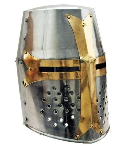 SZCO Supplies Brass Crusader Great Helmet - Medieval Knight Helmet Replica for Costume, LARP, Cosplay & Historical Reenactment - Perfect for Halloween, Renaissance Fairs & Theater Performances