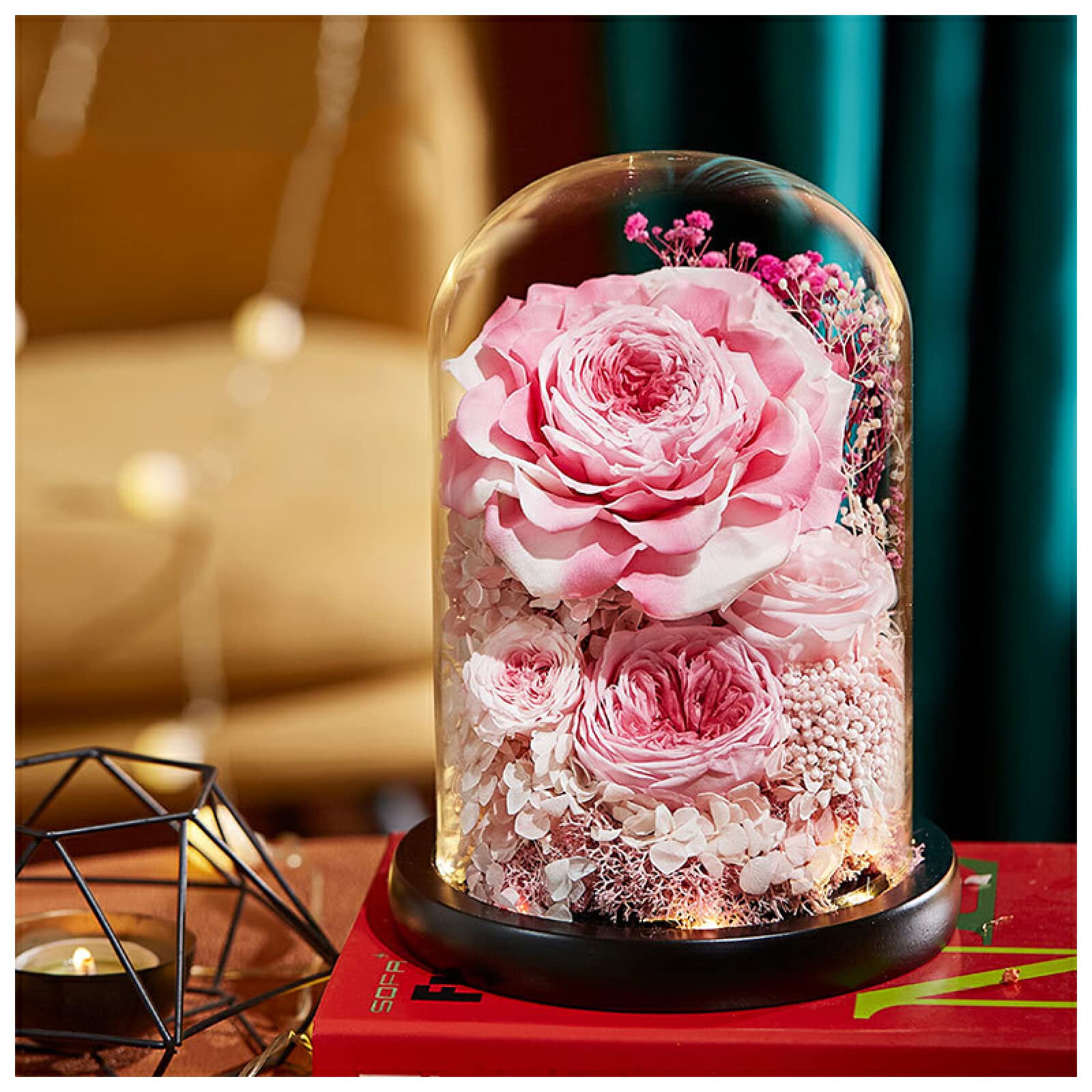 Real Preserved Rose in Glass Dome - Handmade Everlasting Flower for Home Decor, Wedding Centerpiece & Party Decoration - Pink Rose Gift