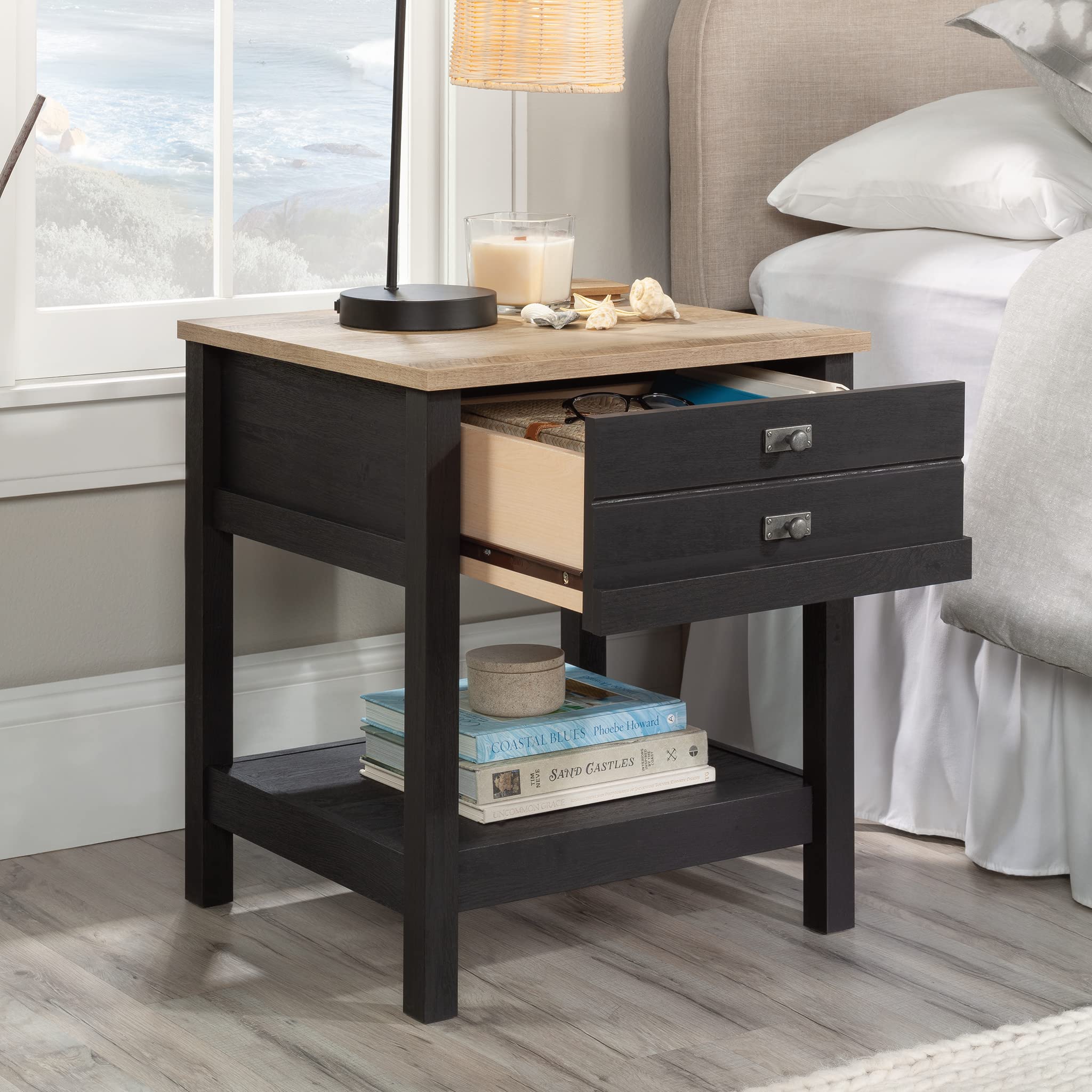 Sauder Cottage Road Night Stand - Bedside Table with Storage, End Table in Raven Oak Finish for Bedroom, Living Room & Office