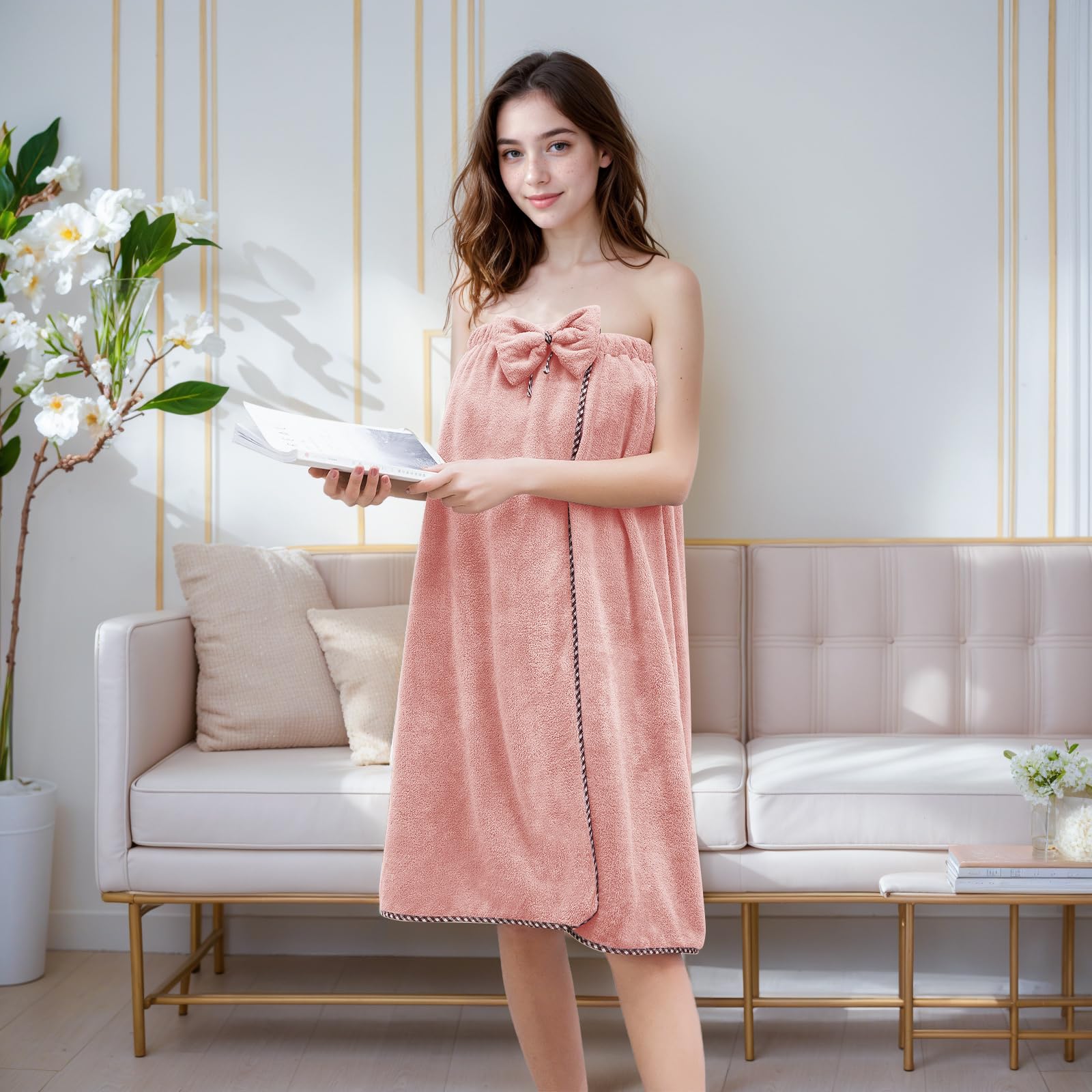 GOSCHE Women's Adjustable Shower Wrap Towel - Soft Bath Towel Nightgown for Sauna, Beach, Pool, Gym & Travel - Perfect for Home, Hotel & Spa Use - Pink