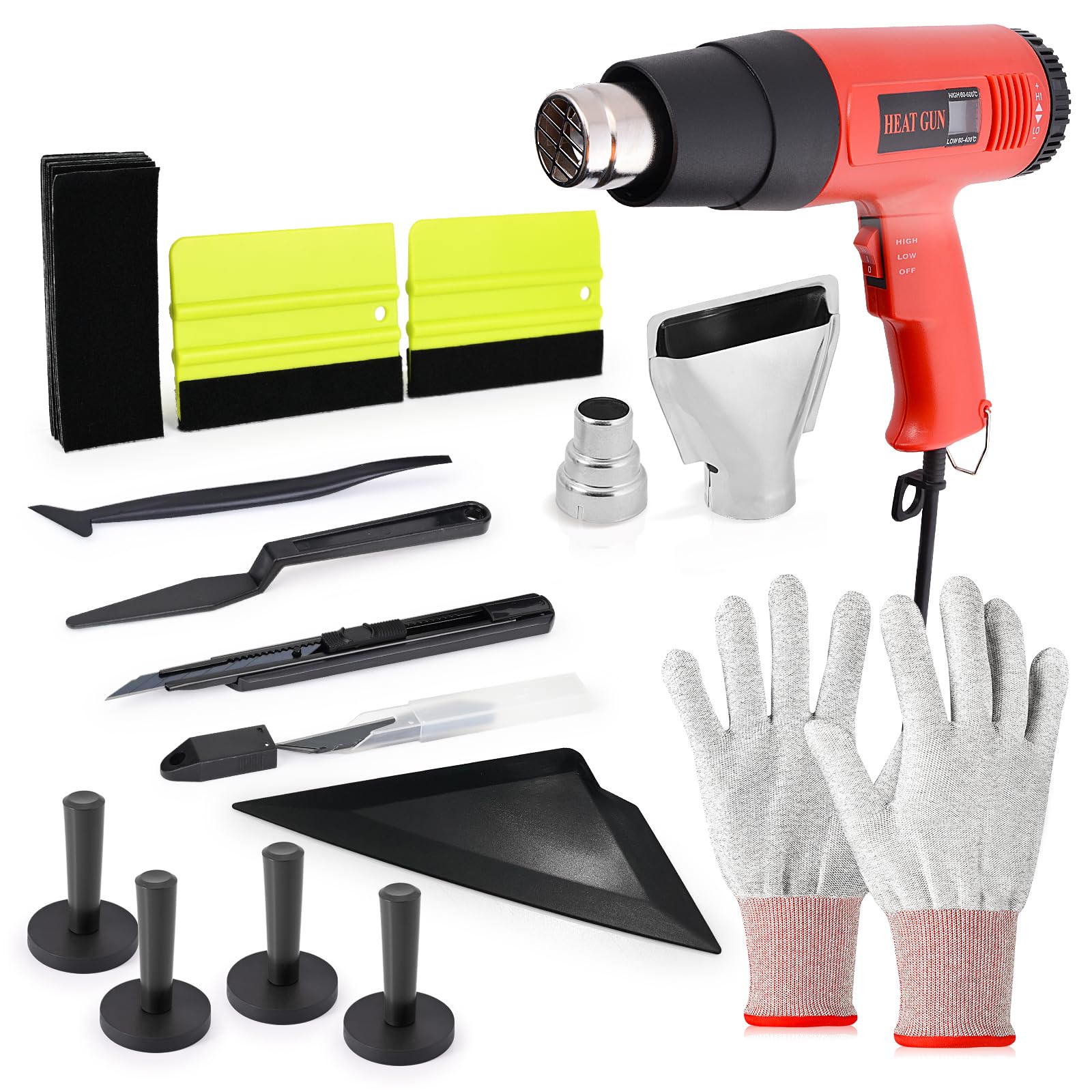 Professional Car Window Tint Kit with Heat Gun, Vinyl Scraper, Gasket Squeegee & Work Gloves - Complete Vinyl Wrap Tool Set for Automotive Window Film, Graphics & Decal Installation - Perfect for DIY Car Wrapping & Professional Auto Detailing