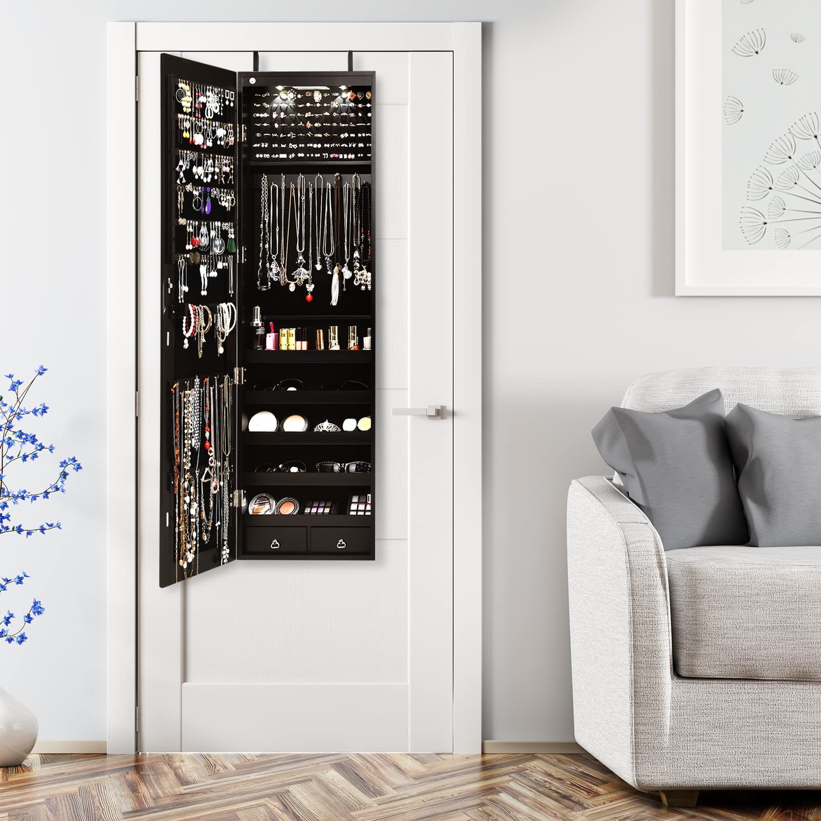 COSTWAY Hanging Jewelry Organizer with Full-Length Mirror & LED Lights - Wall Mount Jewelry Cabinet with Lock, Large Storage for Necklaces, Rings, Earrings - Perfect for Bedroom, Closet & Dressing Room (Brown)