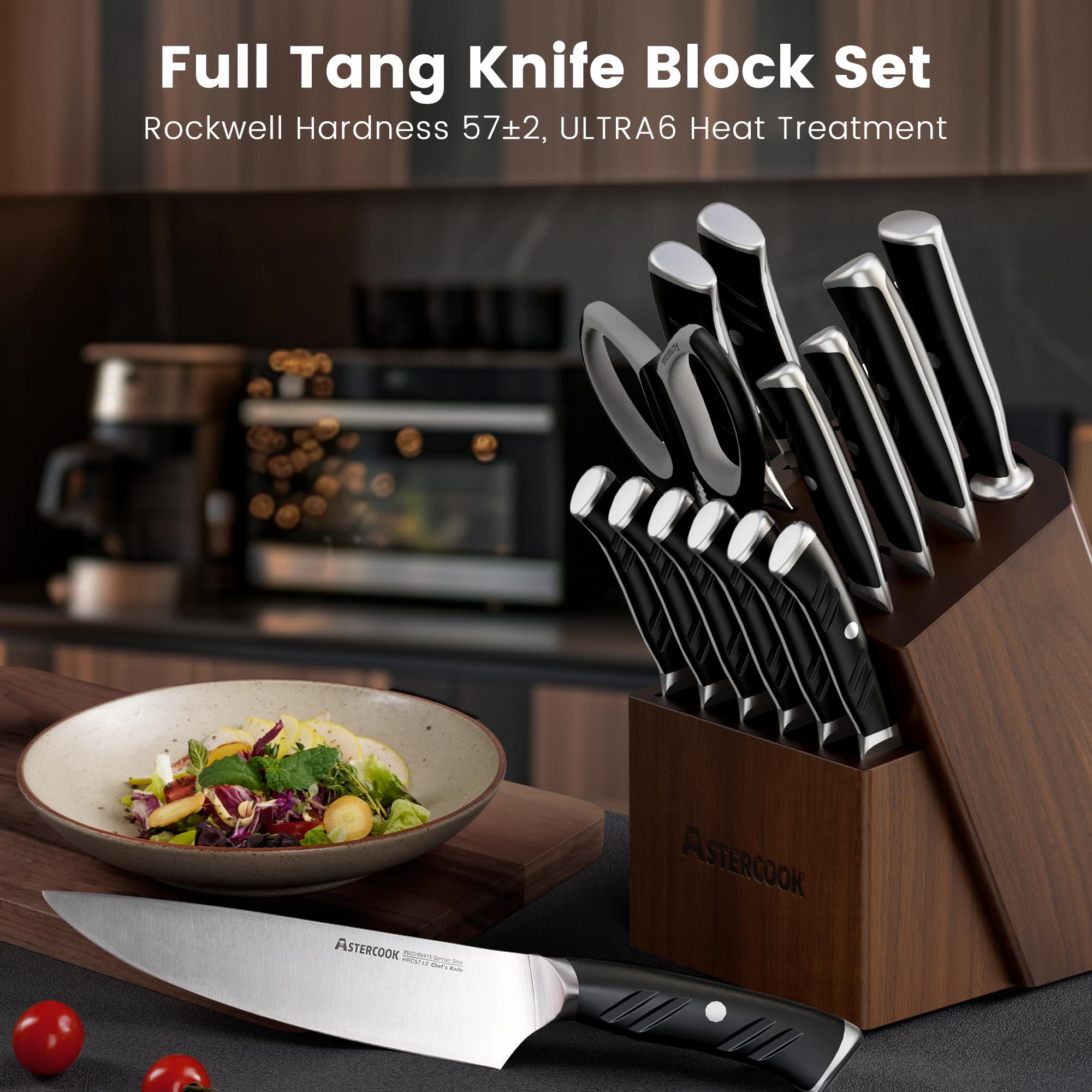 Astercook 15-Piece German Steel Kitchen Knife Set - 1.4116 Stainless Steel, Rust Proof, Full Tang Knives with Ergonomic Nylon Handle, Dishwasher Safe - Perfect for Home Chefs, Cooking Enthusiasts & Professional Kitchens