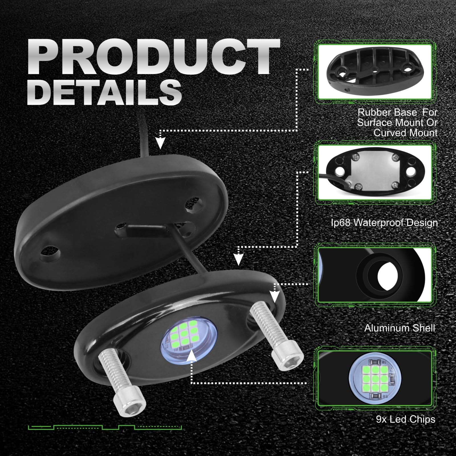 6 Pods LED Rock Lights - Waterproof Underglow Neon Underbody Light Kit for Trucks, Cars, ATV, SUV, Motorcycle & Boat (Green) | Off-Road Adventure, Night Driving, Vehicle Customization