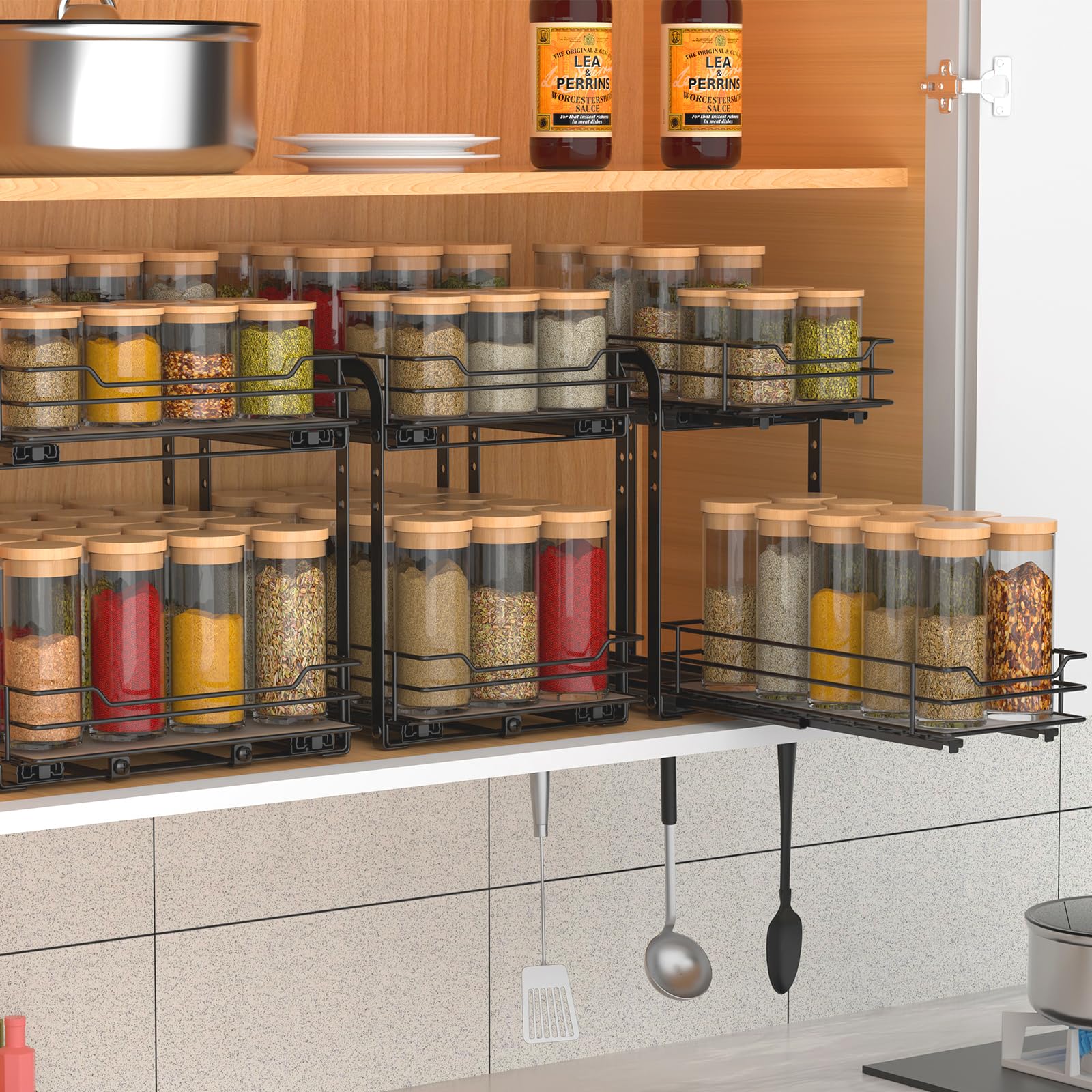 2-Tier Pull Out Spice Rack Organizer - Heavy Duty Metal Basket for Kitchen Cabinets & Pantry Closet - Space Saving Spice Storage Solution for Cooking & Baking Needs