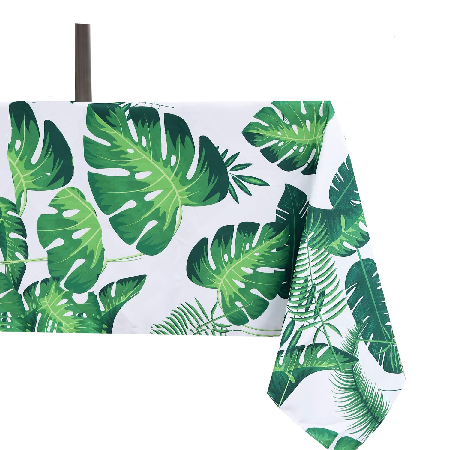 Poise3EHome Waterproof Outdoor Tablecloth with Umbrella Hole - 60x104 Inch Rectangle Tropical Green Palm Leaf Design for Picnic, Camping, Patio & Spring Parties - Durable Zippered Cover for Dining Tables, Garden Furniture and Beach Outings
