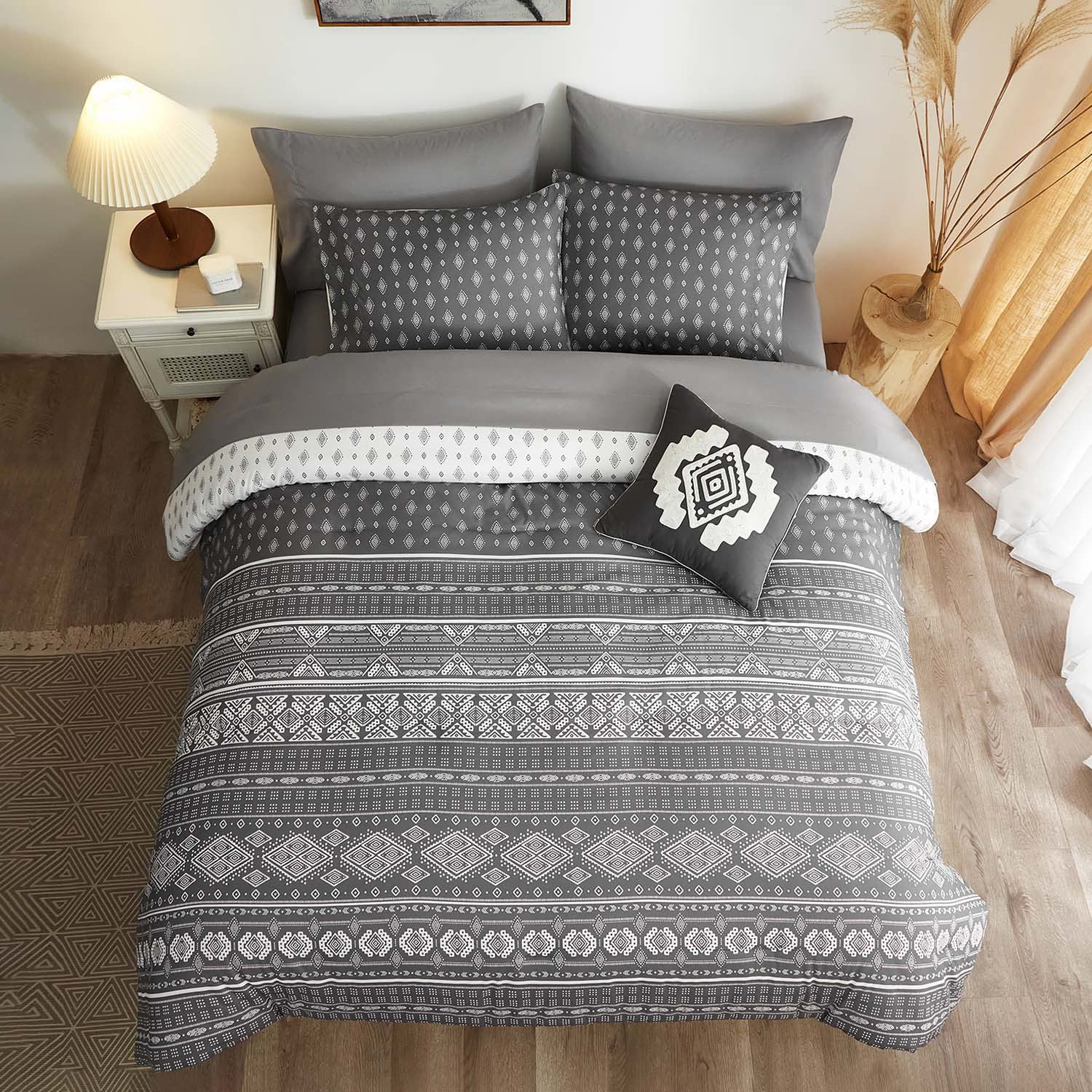 Boho Comforter Set 6-Piece Reversible Aztec Folkloric Art Pattern - Grey Twin Size (66x86 Inches) | Lightweight Dorm Bedding for College Students | Perfect for Boho Chic Bedrooms & Cozy Dorm Decor