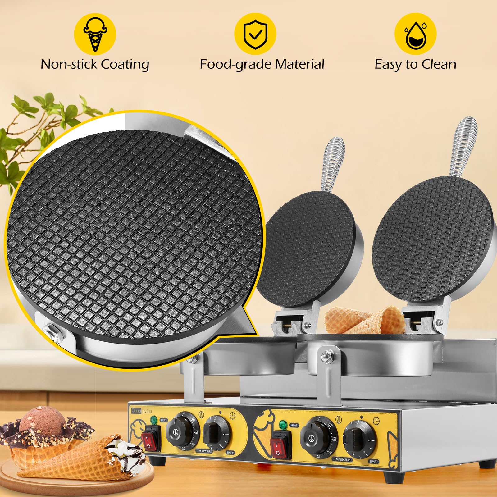 Dyna-Living 2400W Commercial Waffle Cone Maker Machine - Professional Electric Stainless Steel Waffle Iron with Non-Stick Coating for Ice Cream Shops, Bakeries, and Home Use