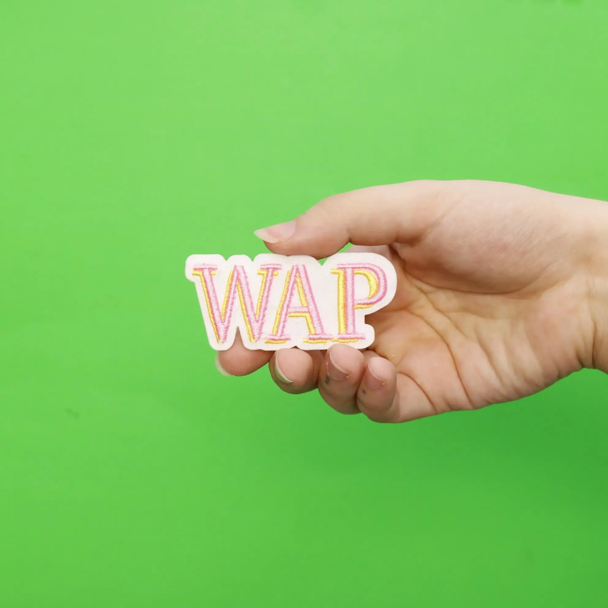 Pink and Yellow WAP Patch Embroidered Iron-On Badge - Fun DIY Sewing for Jackets, Hats, Bags & Denim