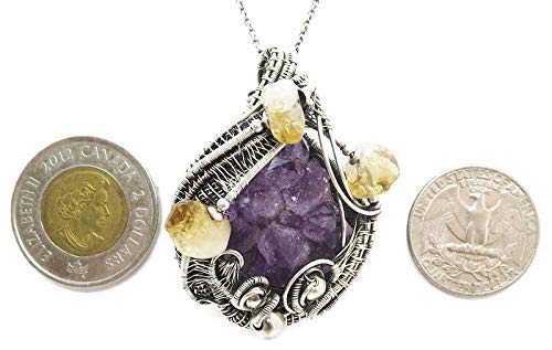 Natural Amethyst Stalactite Druzy Pendant with Citrine Accents - Sterling Silver Wire Wrapped Jewelry for Women - Perfect for Spiritual Healing, Meditation & Boho Fashion