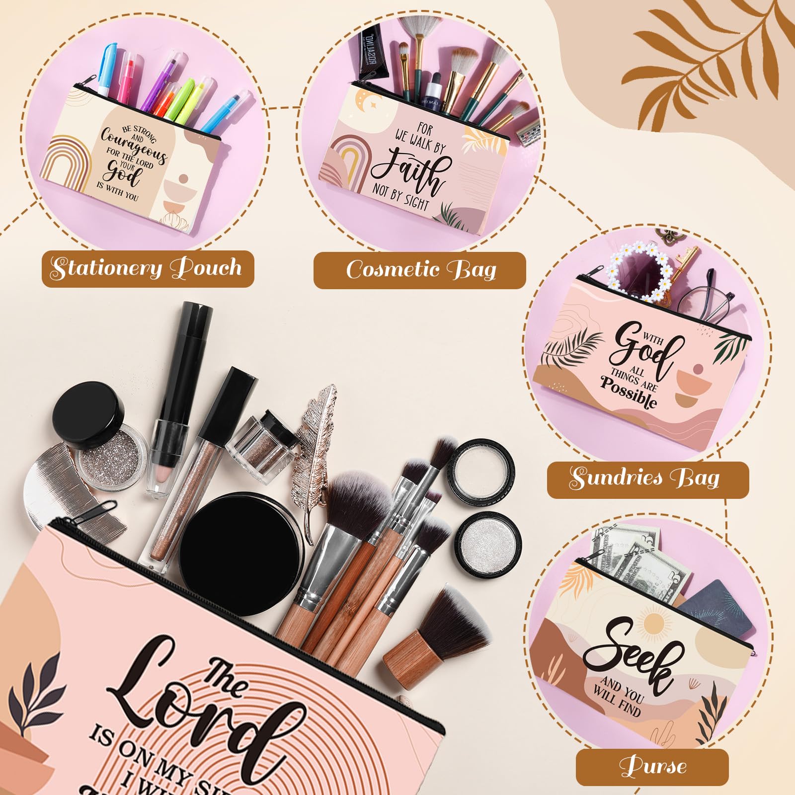 8 Pcs Christian Makeup Bags with Bible Verses - Religious Gifts for Friends