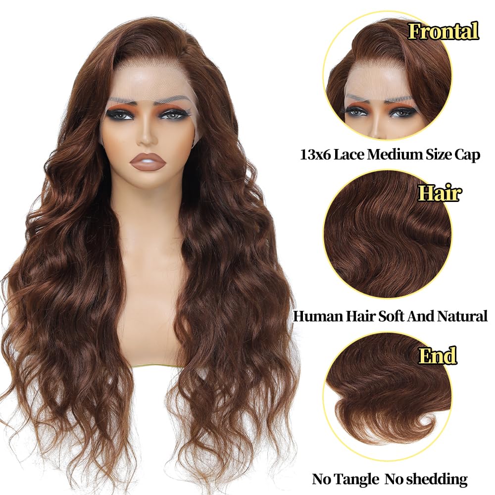 200 Density Chocolate Brown 30 Inch 13x6 HD Lace Front Human Hair Wig - Glueless Body Wave with Pre-Plucked Natural Hairline for Women | Perfect for Daily Wear, Cosplay, and Special Occasions