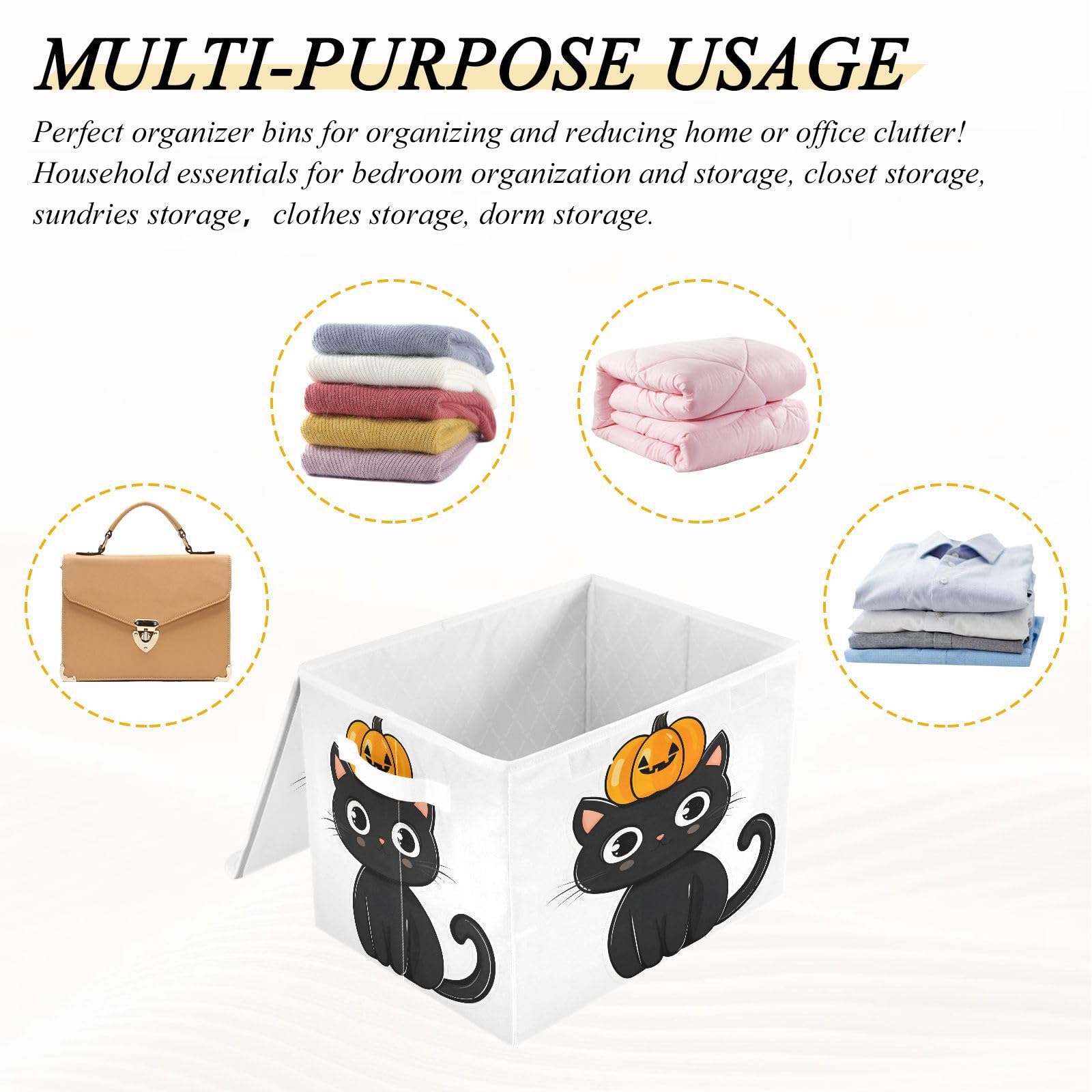 Foldable Fabric Storage Bins with Lids - Collapsible Pumpkin Head Kitten Design Organizer Baskets for Home, Bedroom, Closet & Office | Space-Saving Home Organization Solution
