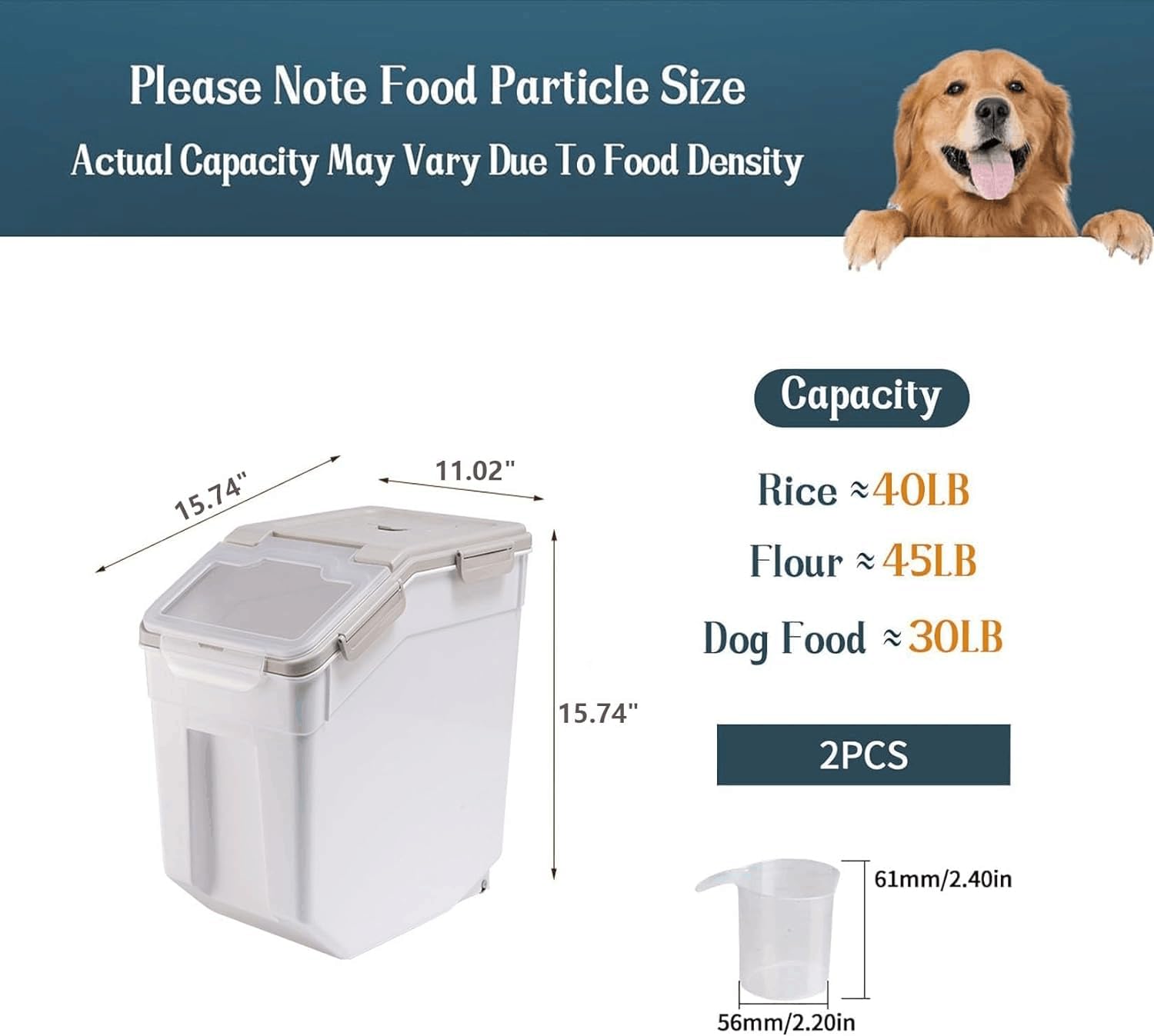 2 Pack 50 lb BPA-Free Food Storage Containers with Wheels & Measuring Cup - Airtight Rice, Flour, Sugar, Cereal, Pet Food Bin Set (Gray) - Ideal for Kitchen Pantry, Bulk Food Storage & Pet Feeding Organization