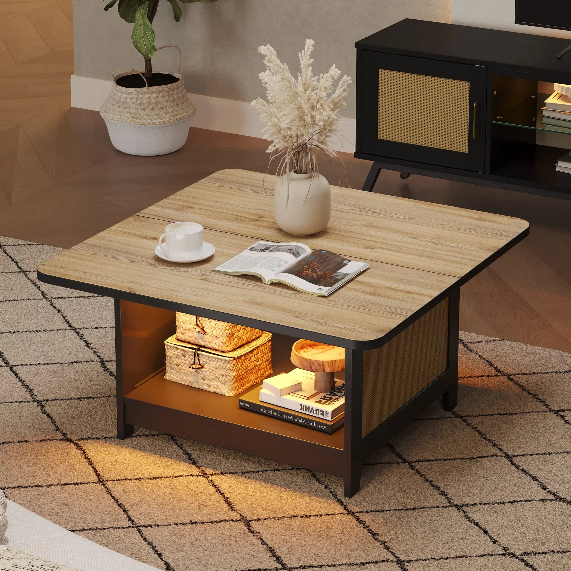 Bestier Square Rattan Coffee Table - Modern Woven Wicker Side Table for Living Room, Patio, or Outdoor Use - Stylish & Durable Home Decor Accent
